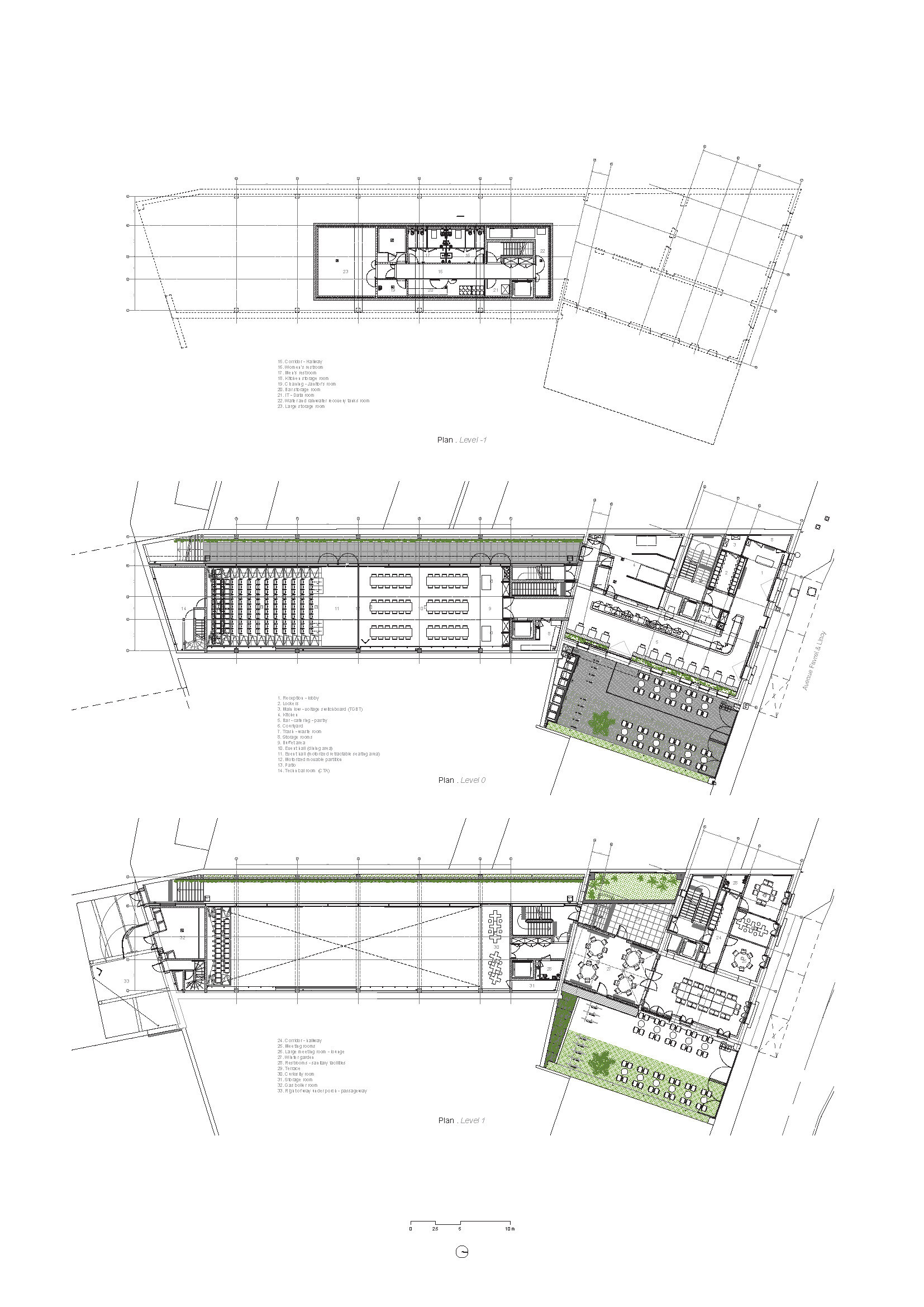 Floor plan drawings showing three levels with planted terraces and angled building geometry at street corner