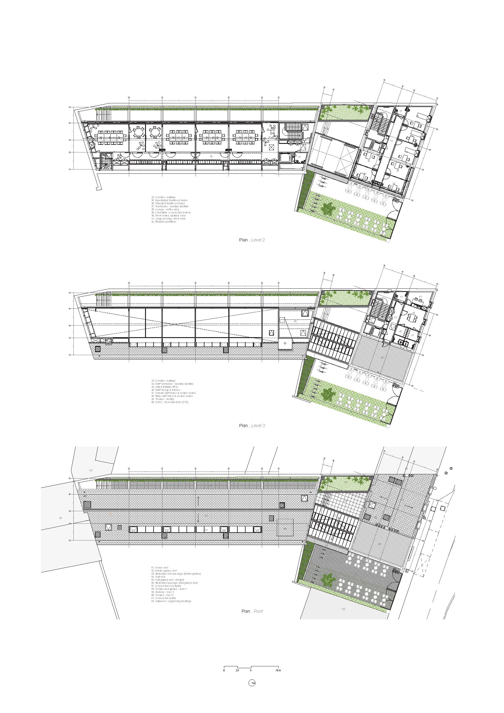 Floor plan drawings showing three upper levels with planted terraces and rooftop elements at building corner