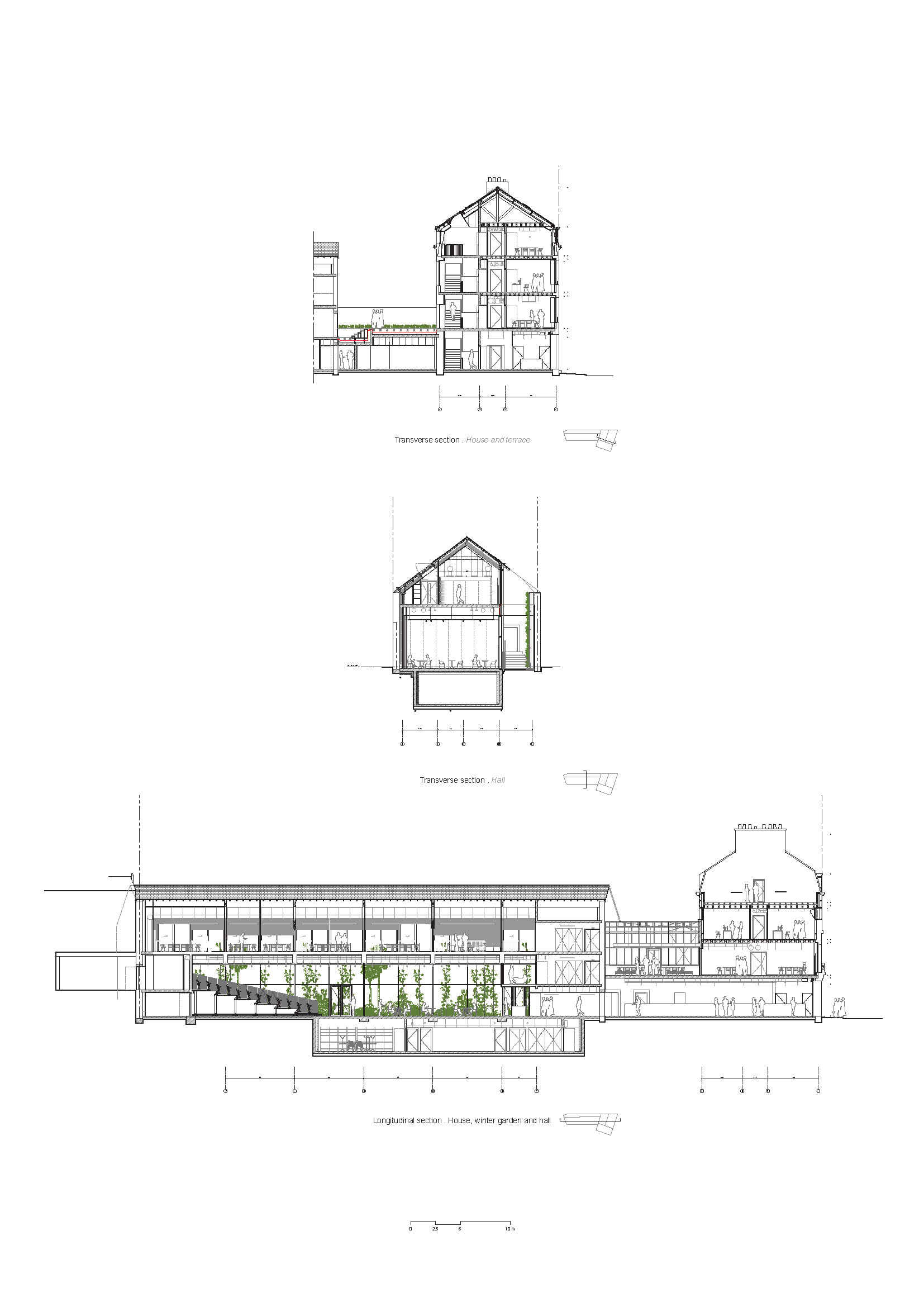 Section drawings showing a gabled multi-story house connected to a horizontal wing with a winter garden