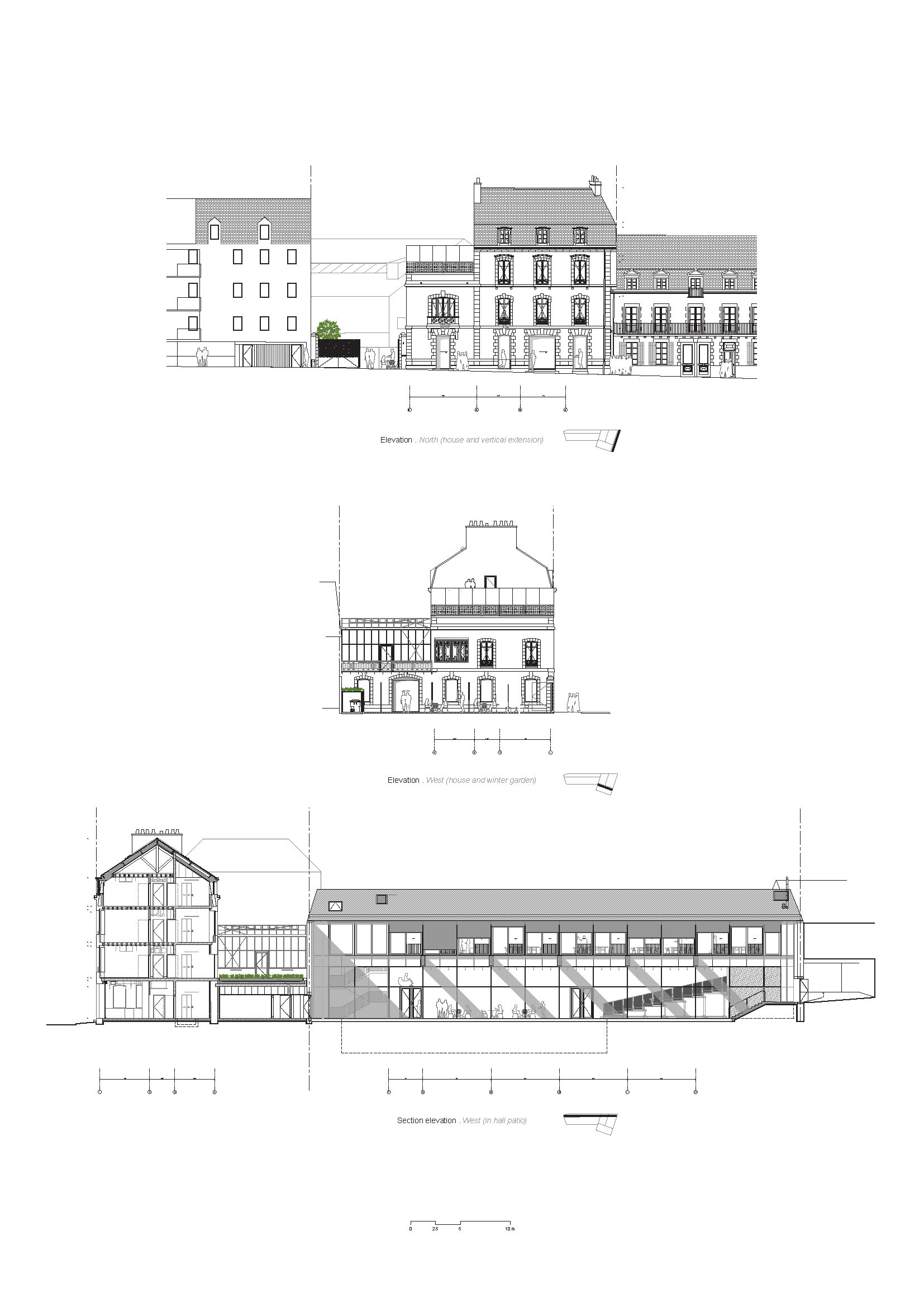 Elevation and section drawings depicting a row of historic buildings joined to a low horizontal extension