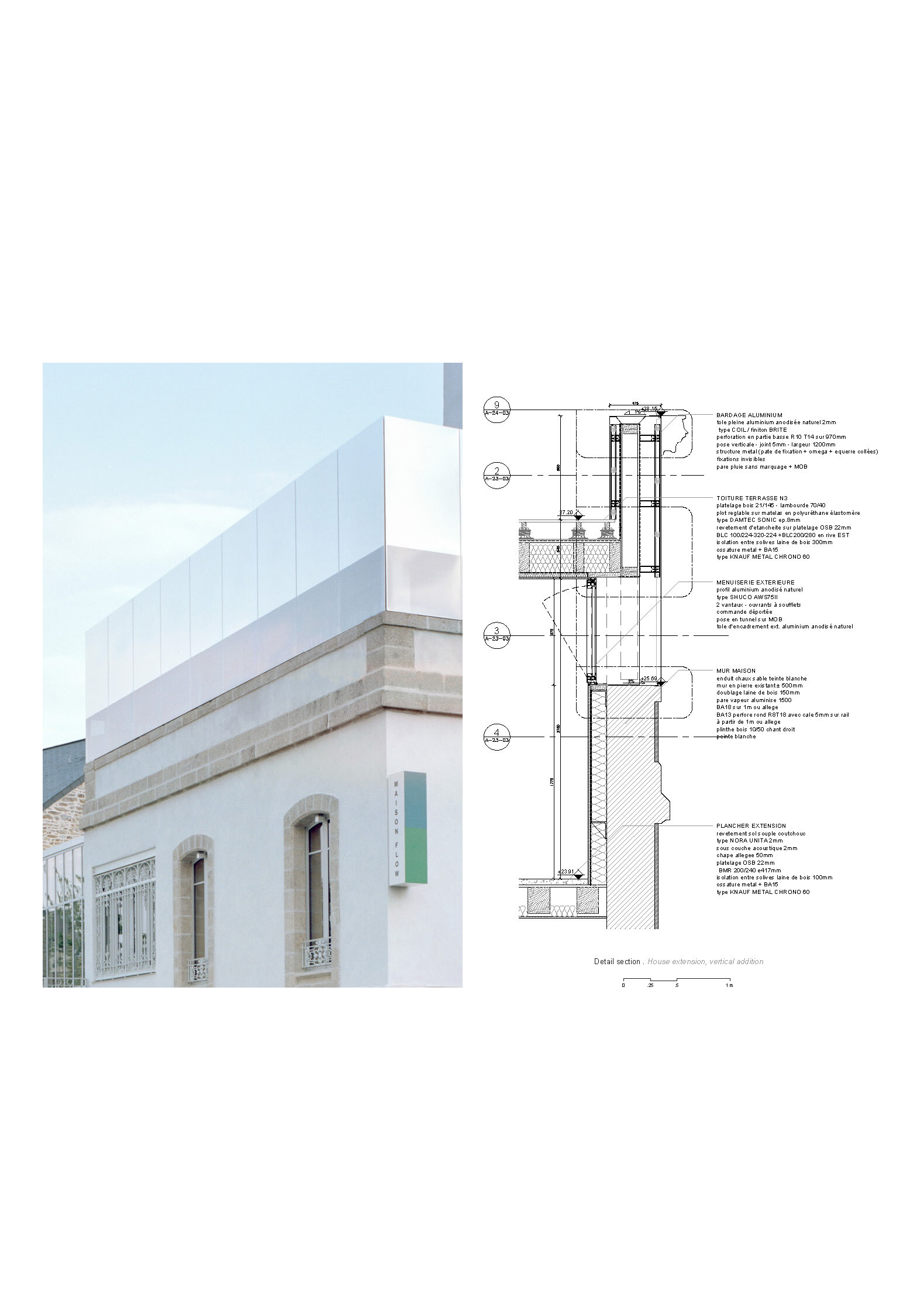 Corner facade with stacked horizontal parapet and construction detail section beside it on a sunny day