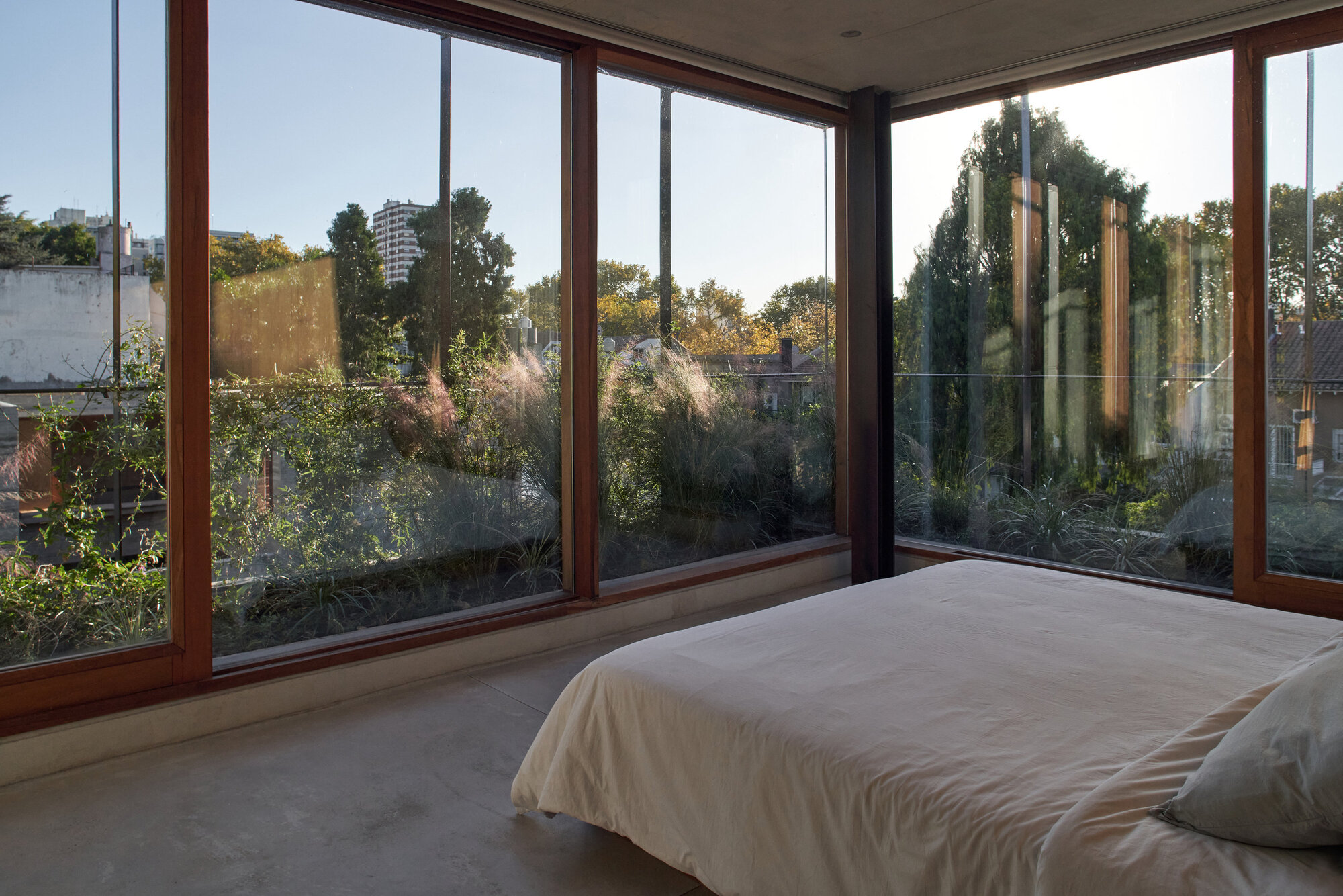 Corner glazing with timber frames opening onto a planted terrace at dusk