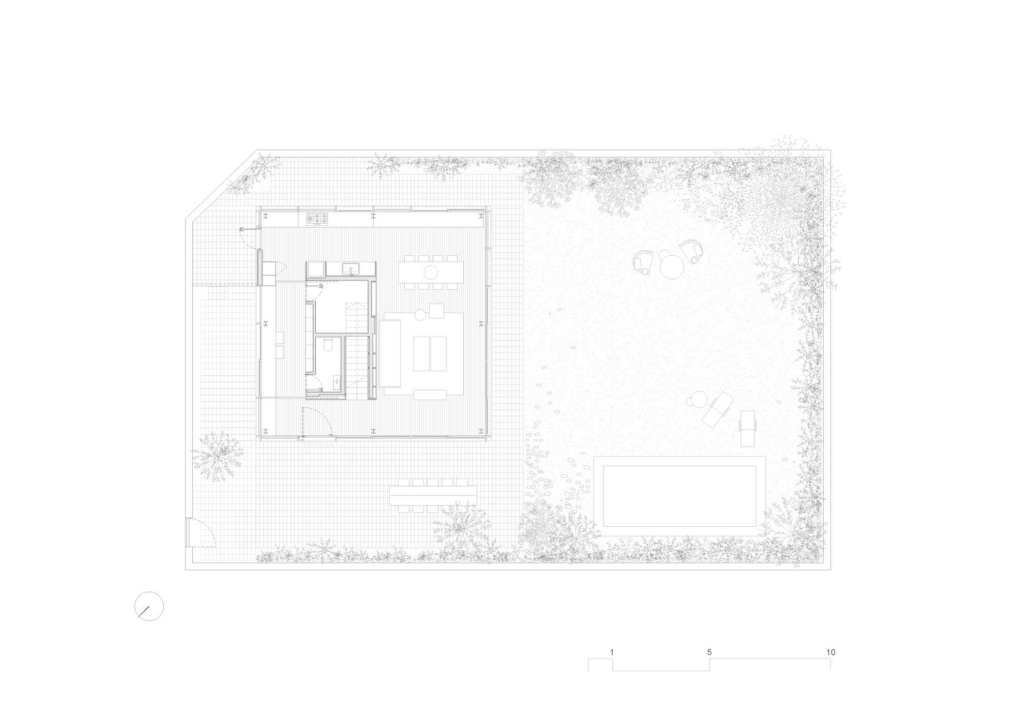 Site plan drawing showing the residence and pool surrounded by landscape with tree symbols