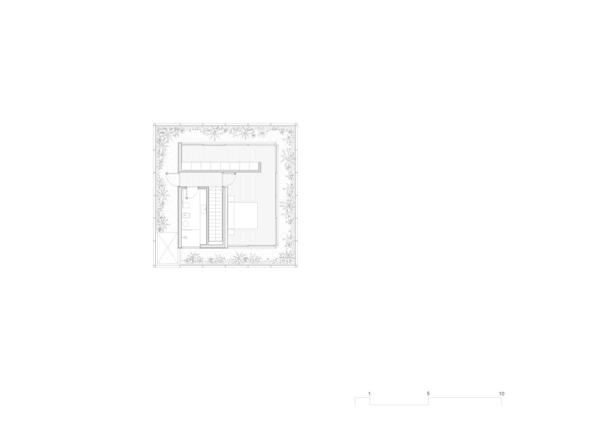 Site plan drawing showing the building footprint surrounded by landscaped areas with trees and plantings