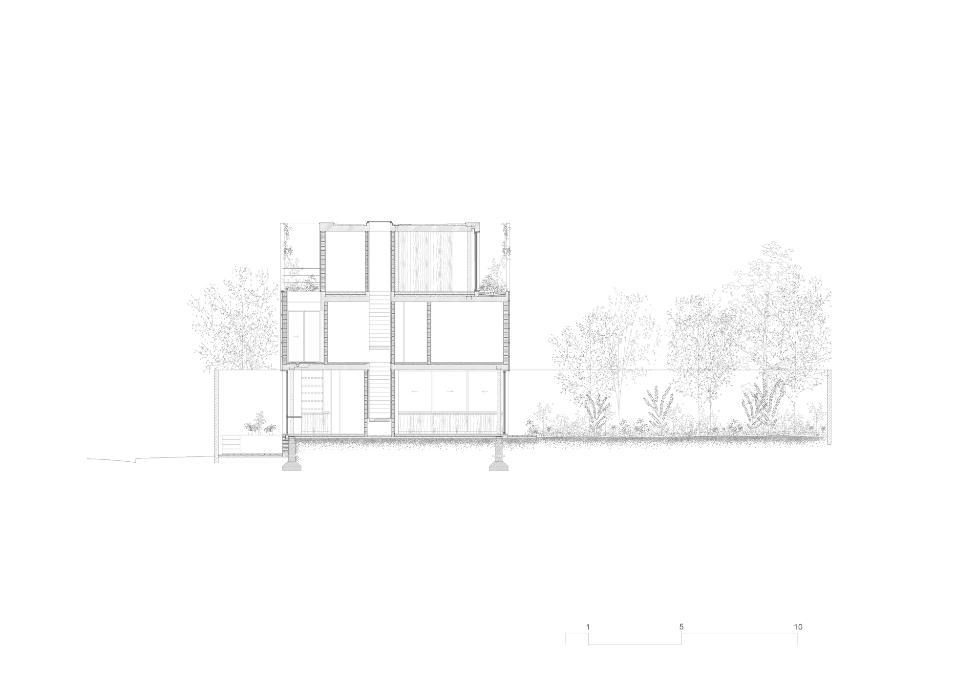 Section drawing showing a three-storey structure with a central staircase and adjacent trees