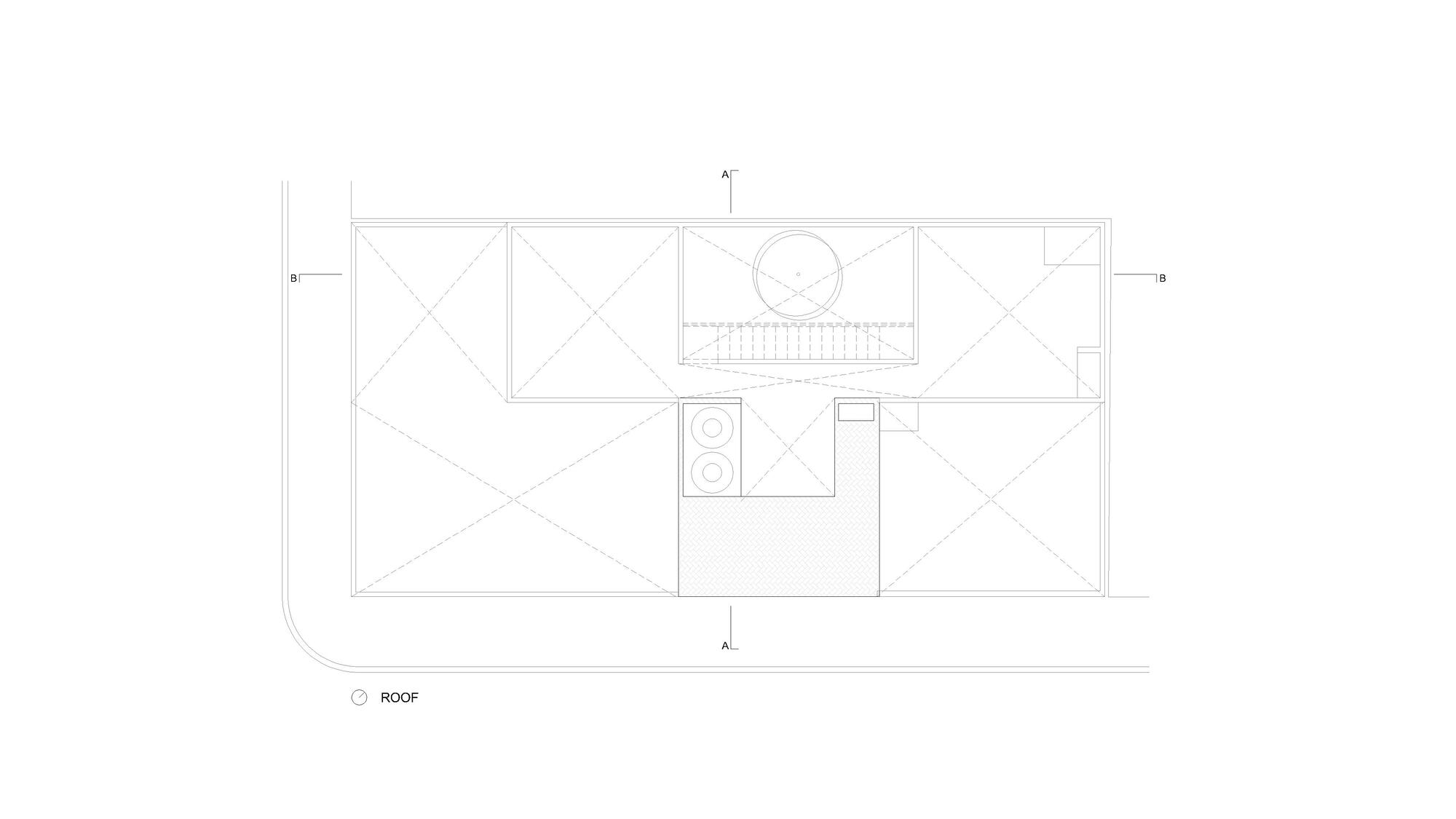 Roof plan drawing showing pitched roof surfaces with diagonal infill and central skylight