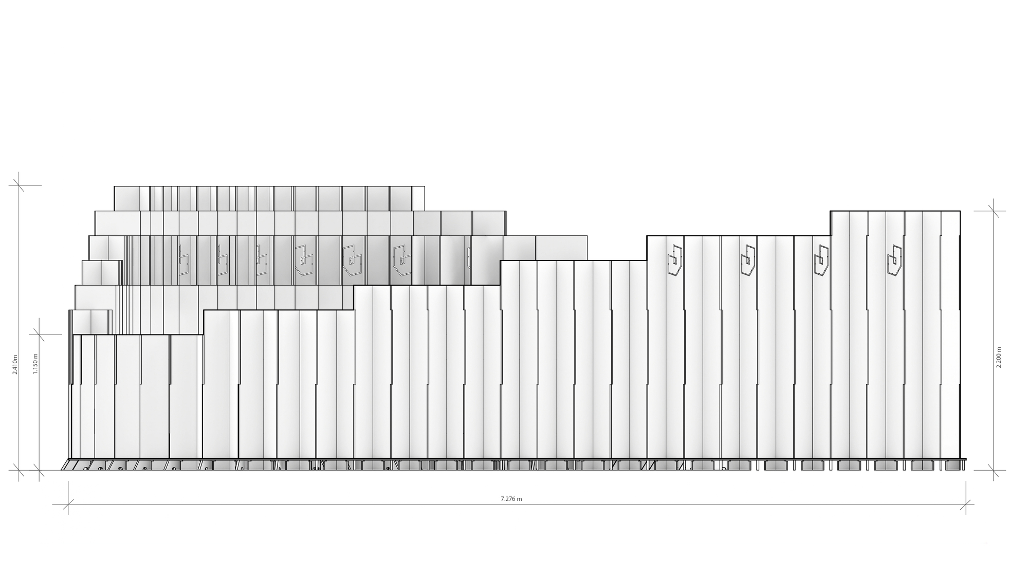 Elevation drawing of the curved seating wall showing vertical modular elements in staggered heights