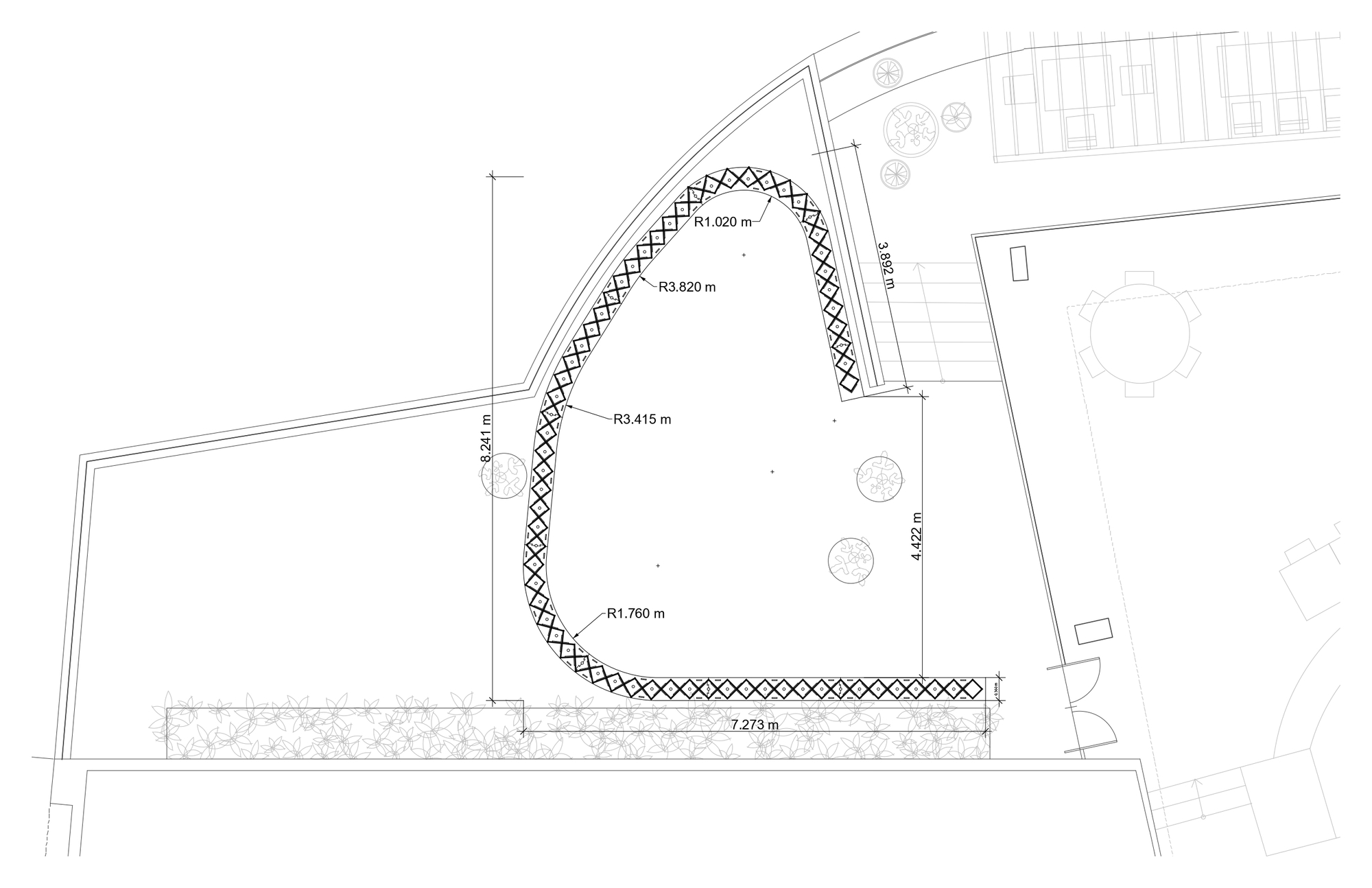Plan drawing showing the curved seating arrangement with radii dimensions and surrounding site context