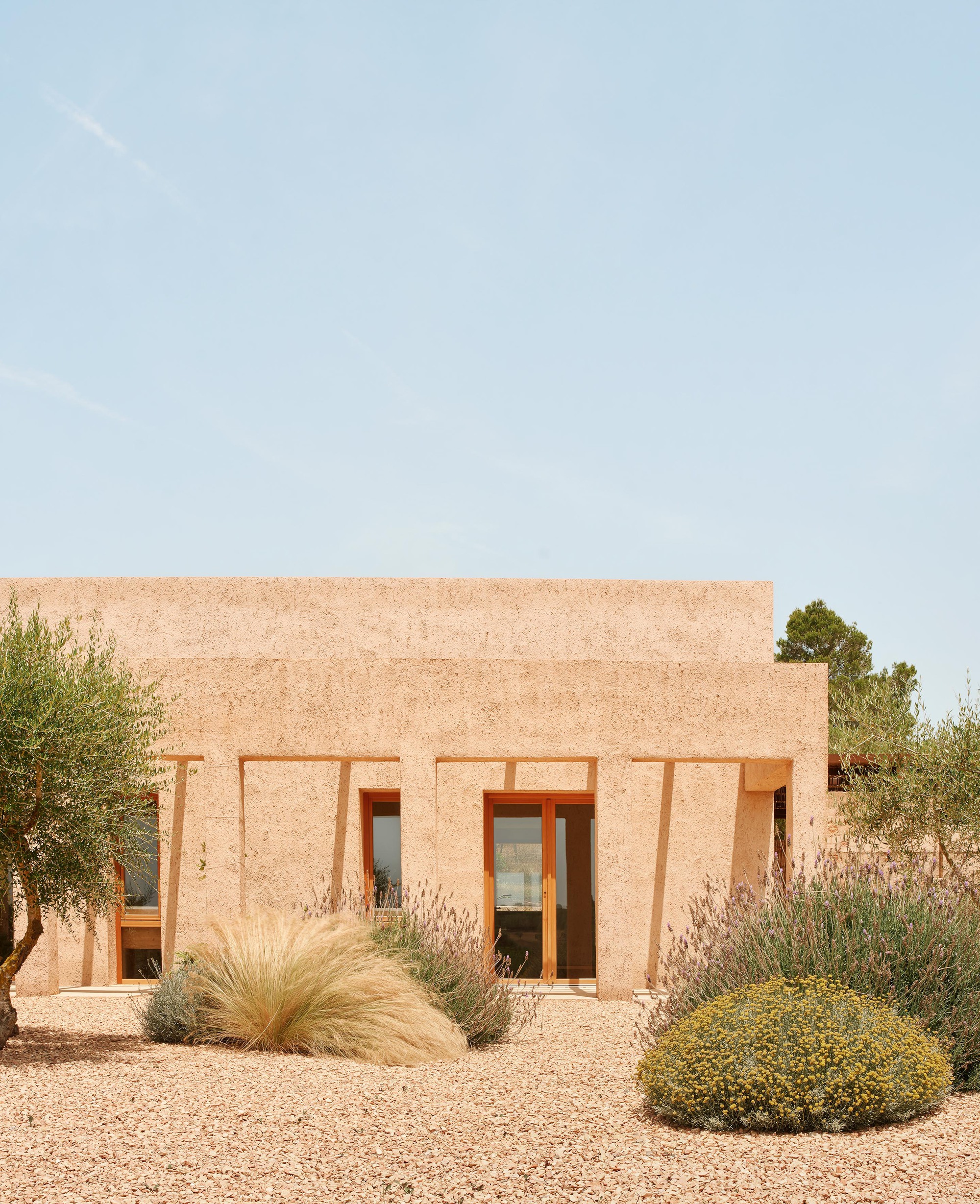 Straw-textured facade with timber-framed openings and recessed terrace surrounded by grasses and shrubs under clear sky