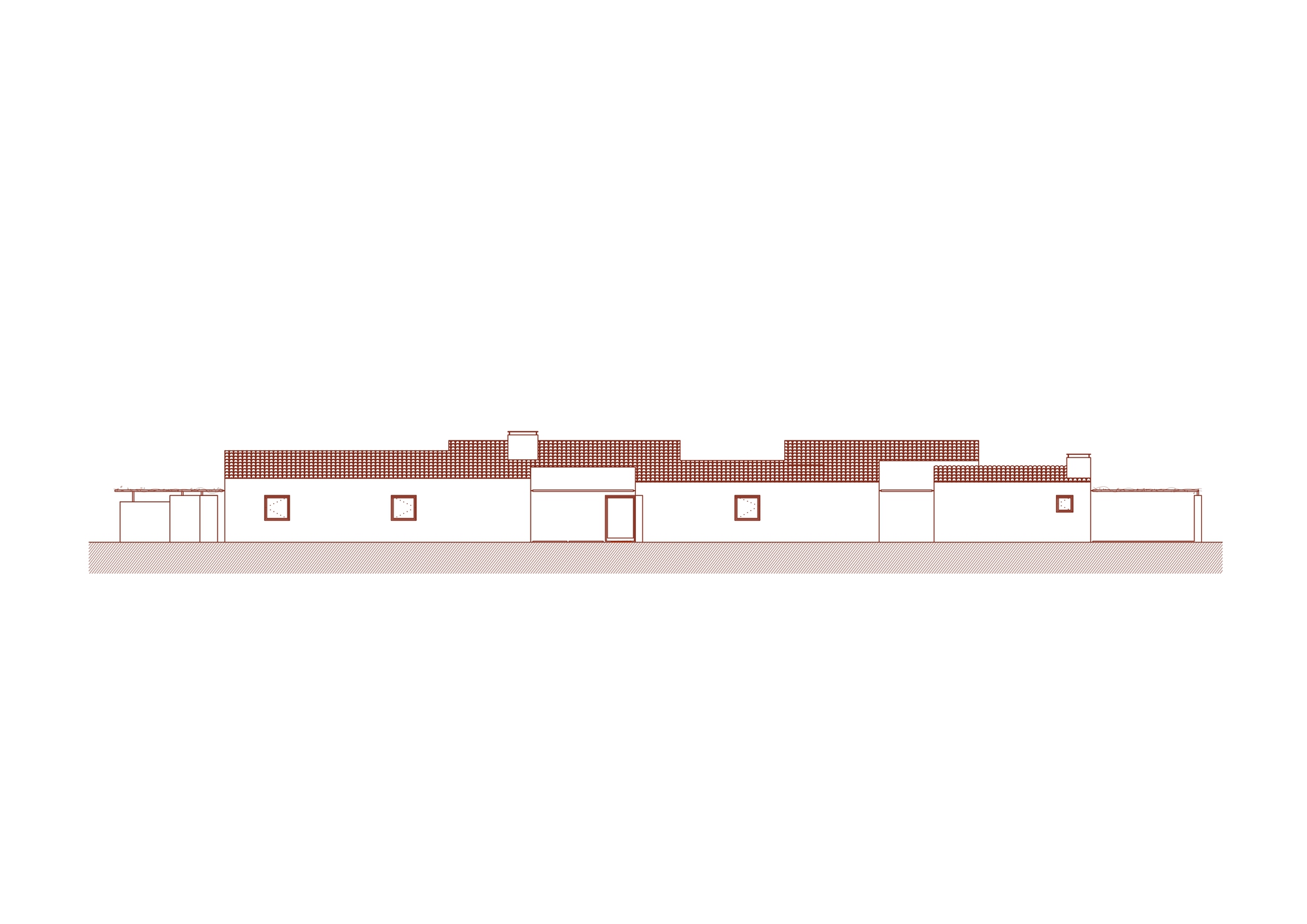 Elevation drawing depicting the long facade with white walls and terracotta tile roof sections