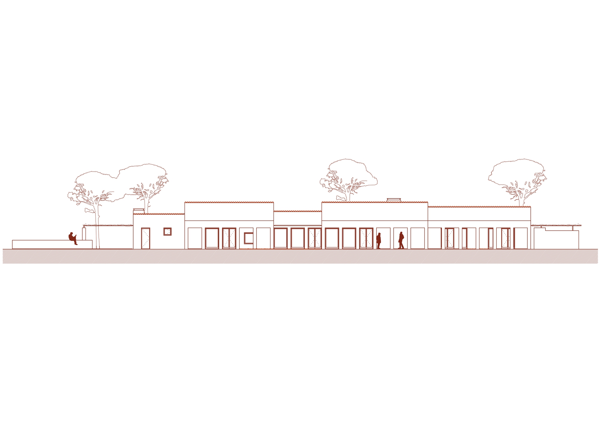 Elevation drawing showing the colonnade facade with silhouetted figures and three outlined trees above