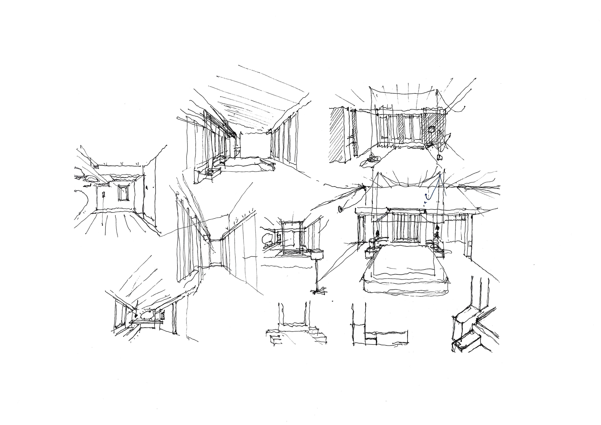 Perspective sketch studies showing various interior corridor views and spatial sequences throughout the residence
