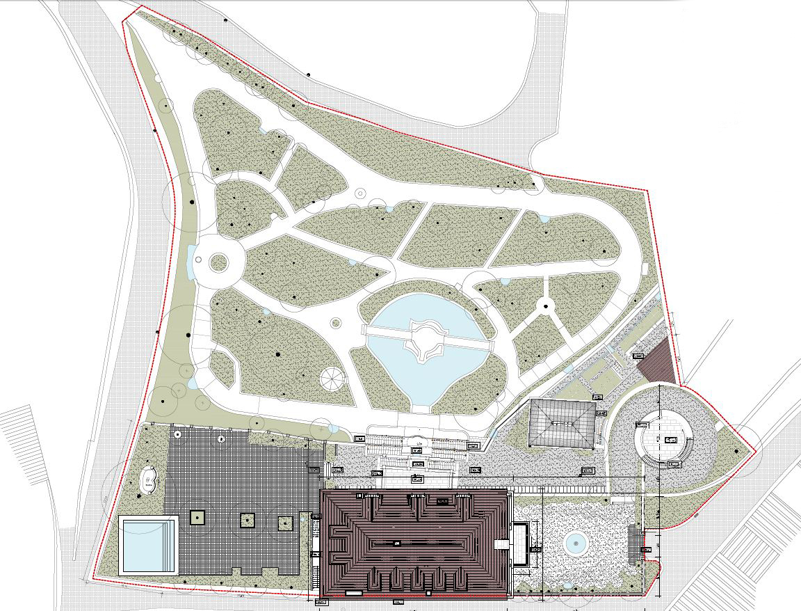 Site plan drawing showing a garden with central pond and adjacent building footprints