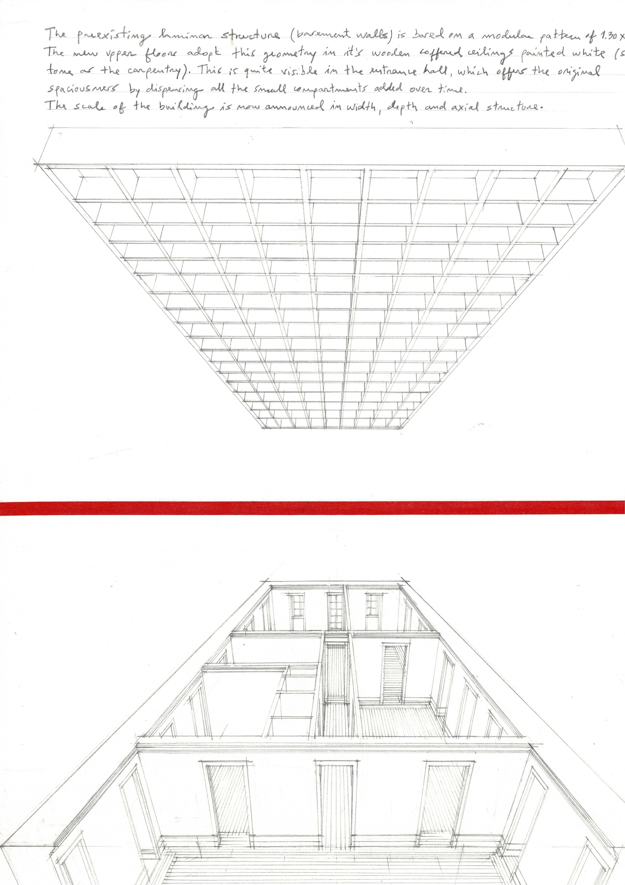 Axonometric drawings showing the trapezoidal laminar structure with layered beams and interior spatial volumes
