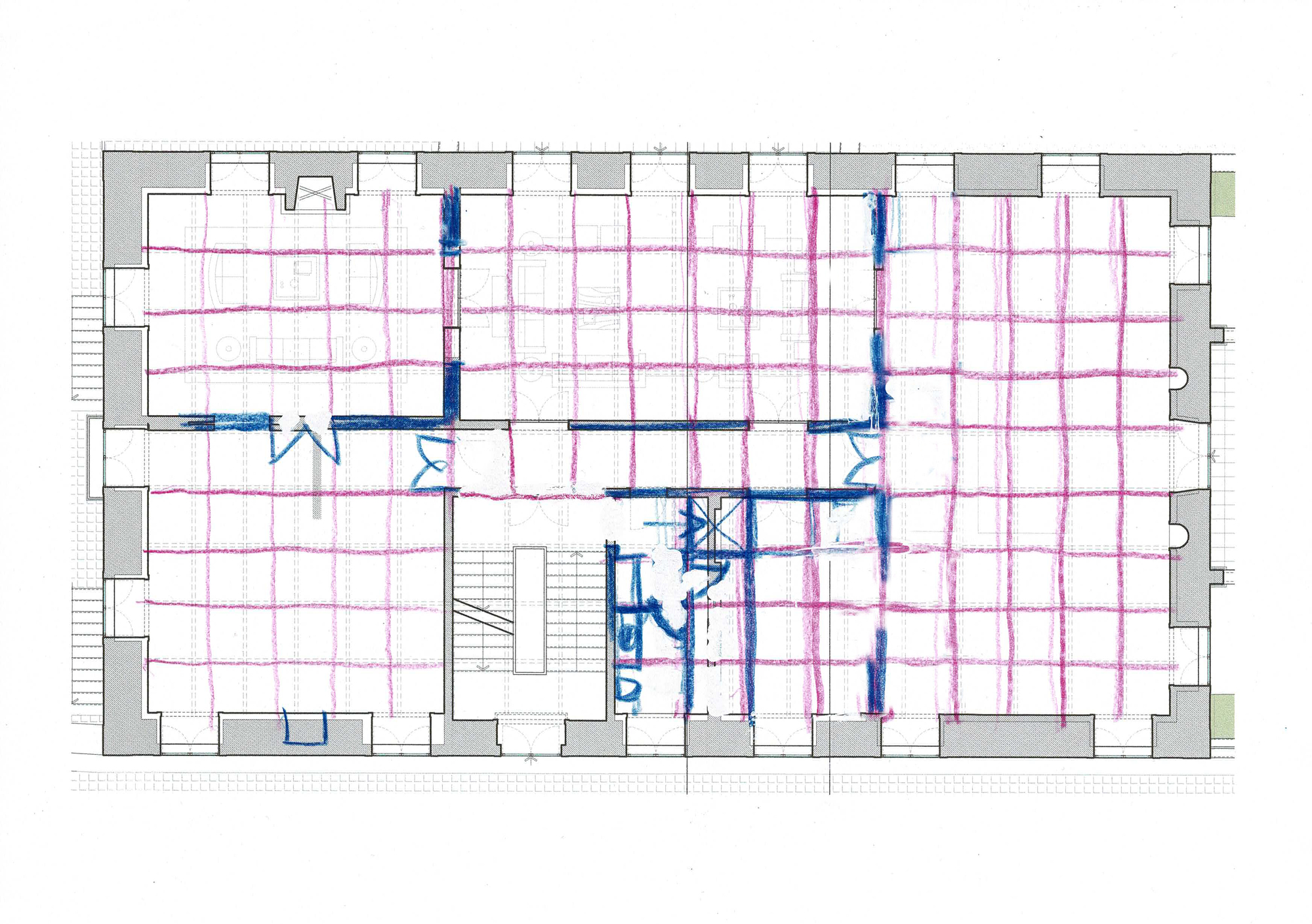 Floor plan drawing with pink and blue structural grid overlay indicating load-bearing walls and columns