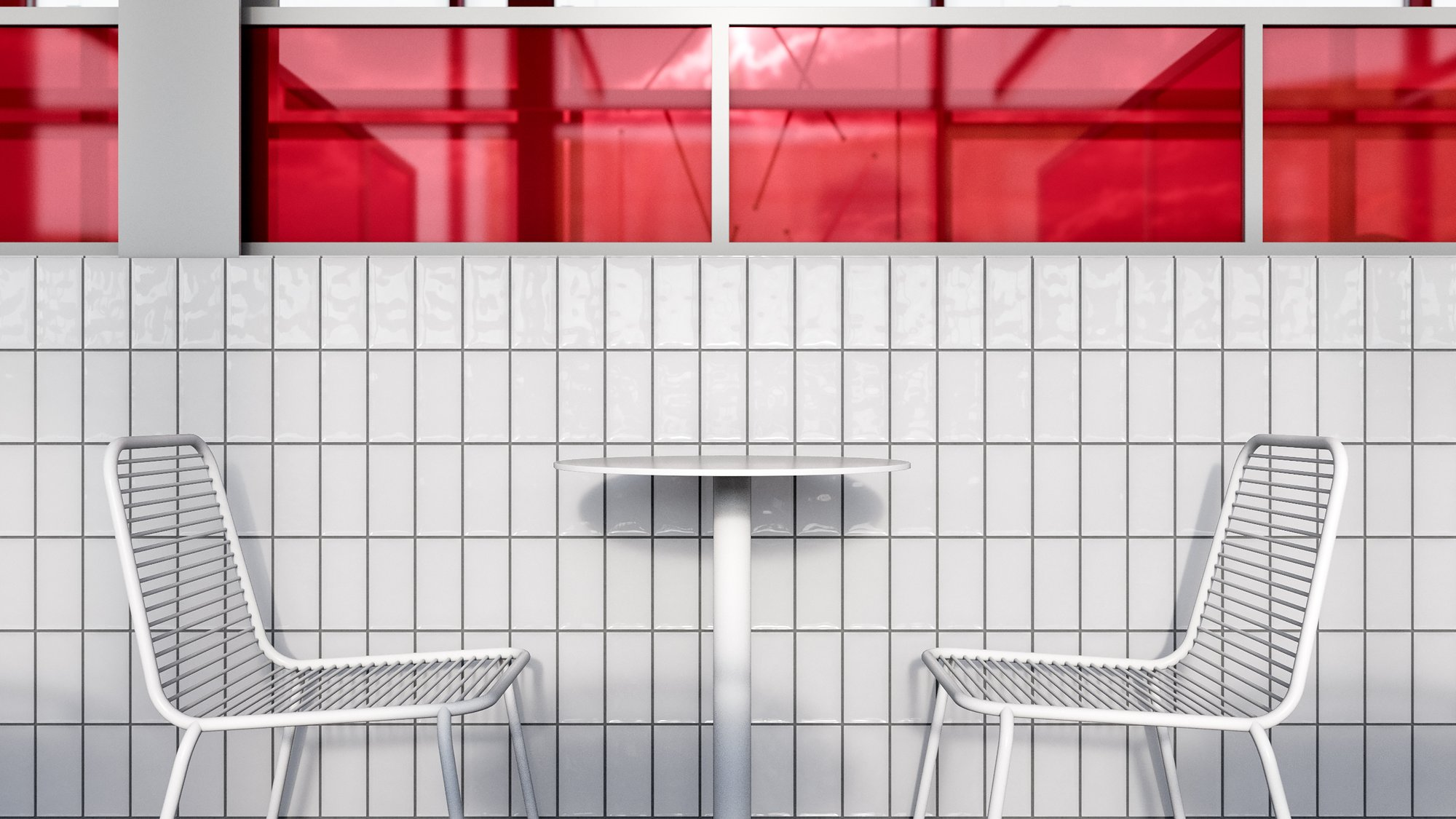 Detail of tiled surfaces and translucent panels defining layered spatial boundaries.