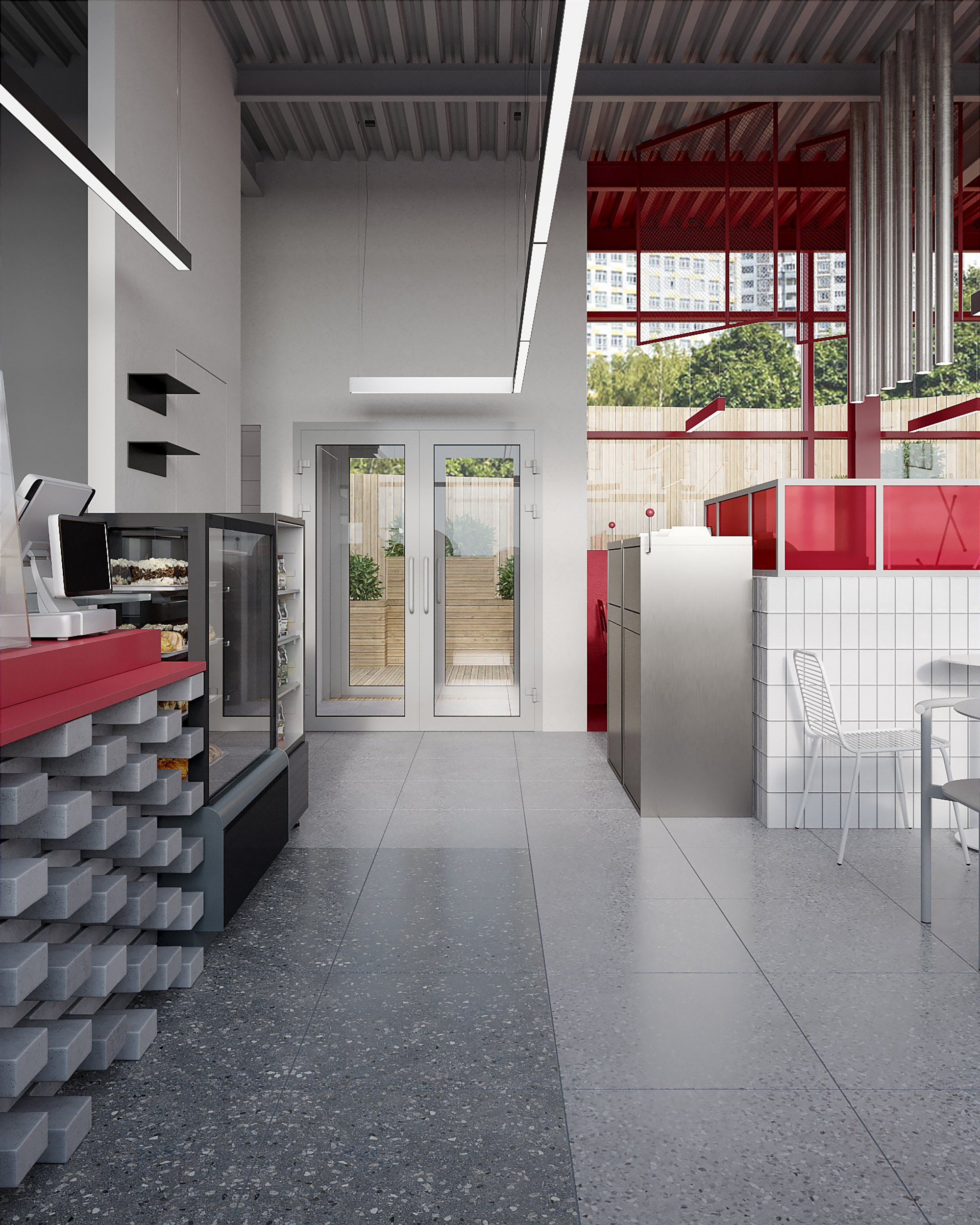Entry and service transition with exposed materials and clean industrial finishes.