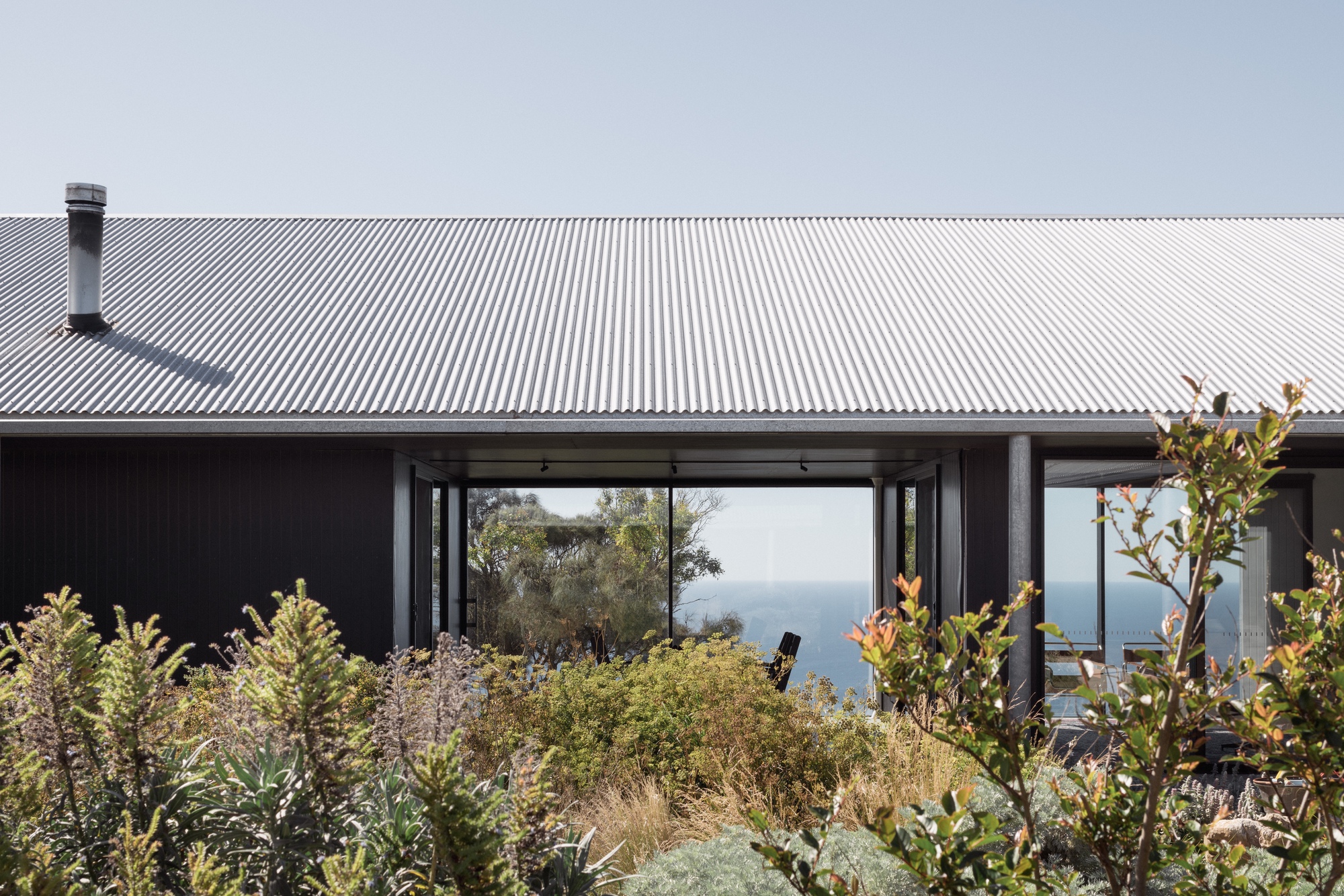 Corrugated metal roof with chimney and glazed opening framed by native shrubs and ocean view