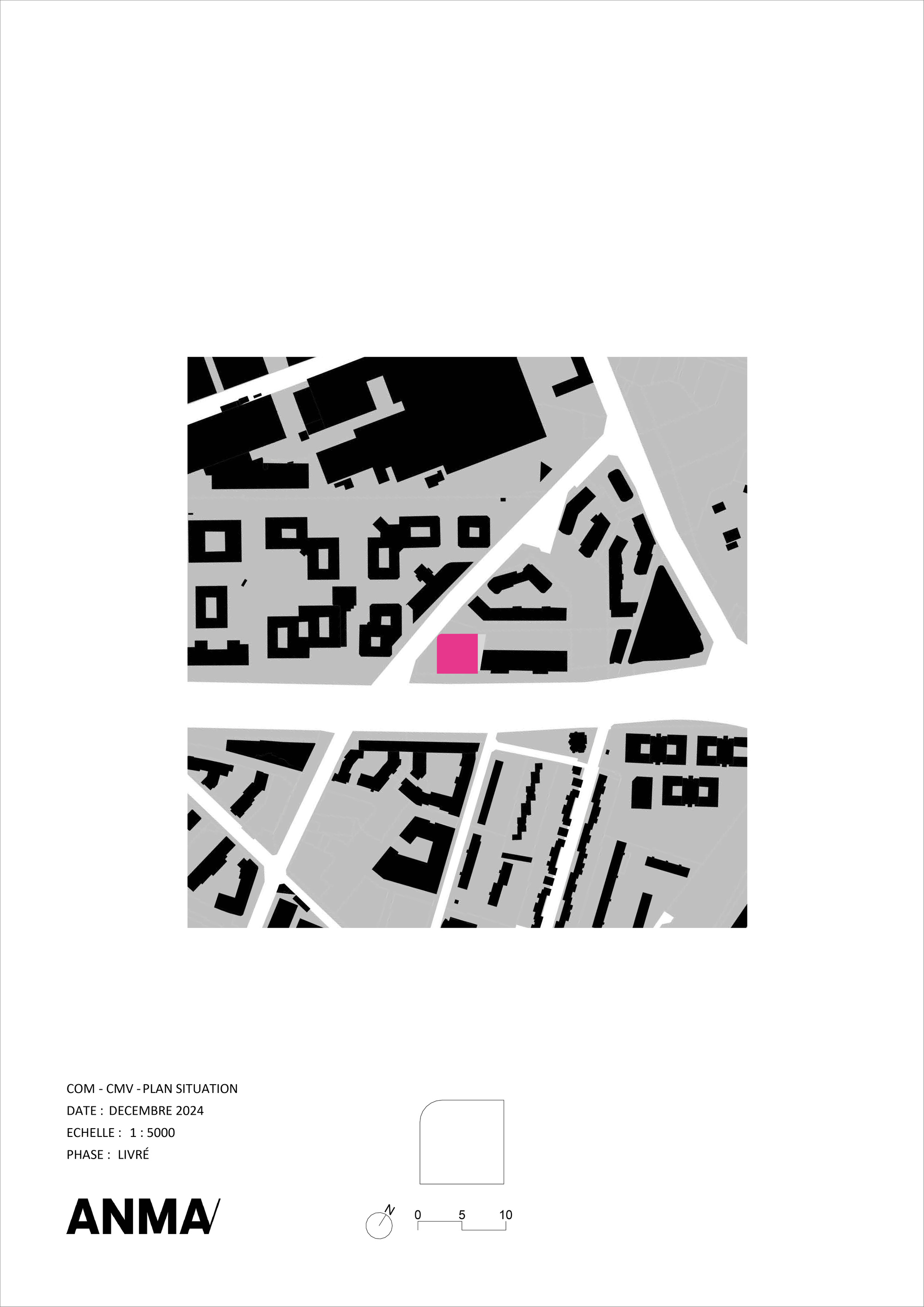 Site plan drawing showing the highlighted building volume within the surrounding urban fabric and street network