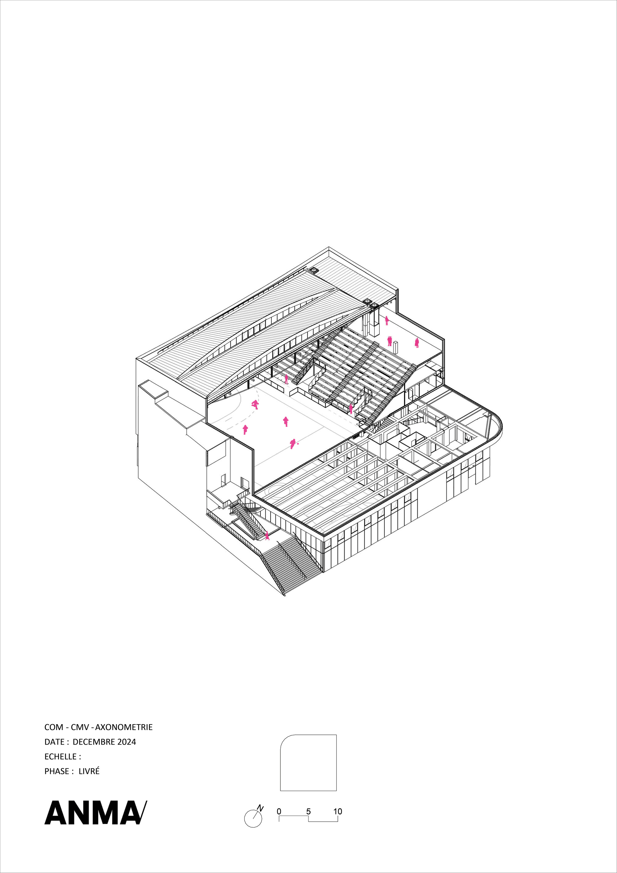Axonometric drawing revealing the interior spatial arrangement with gymnasium, bleachers, and tiered support spaces