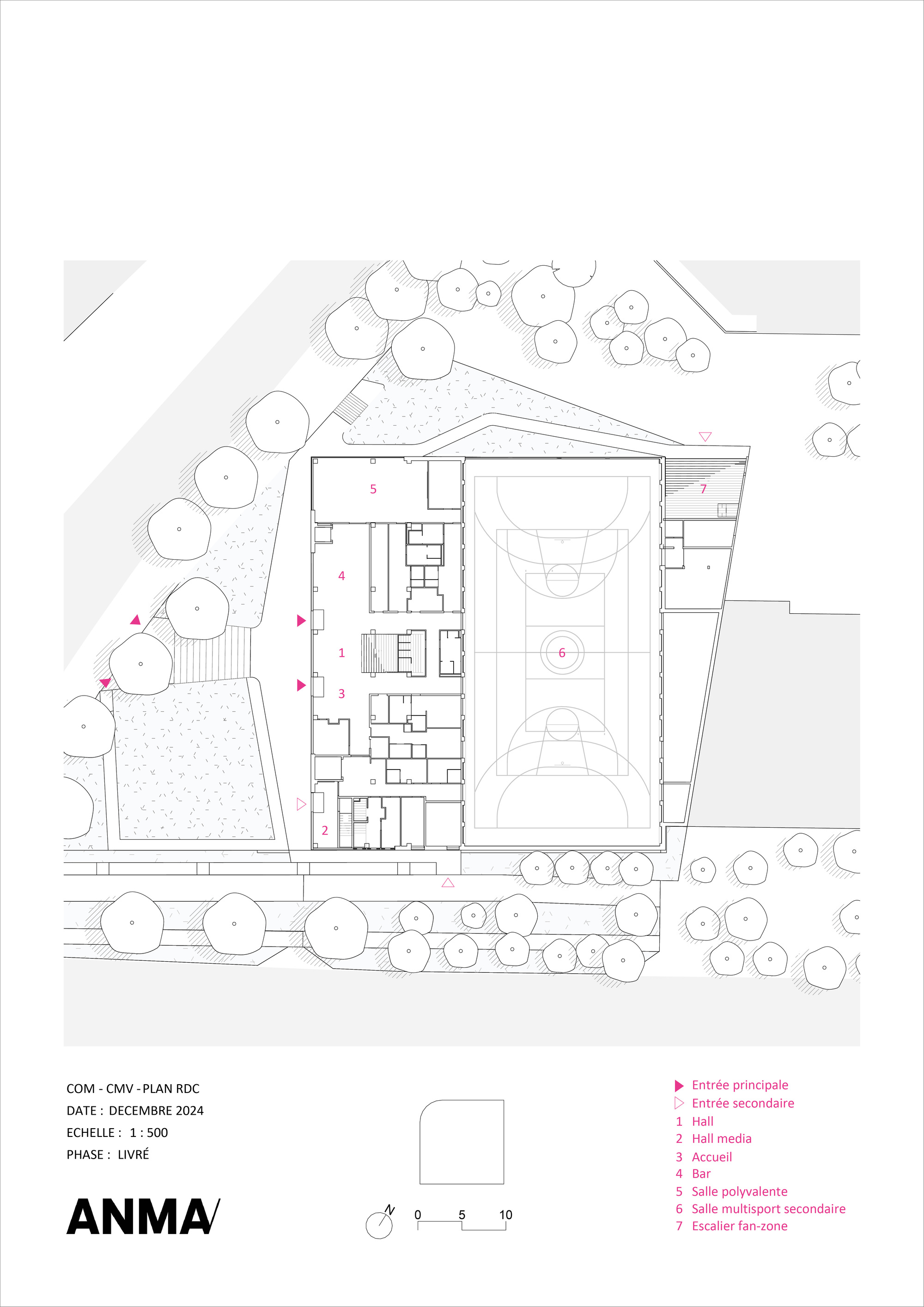 Site plan drawing showing a rectangular building with central basketball court surrounded by landscape and trees