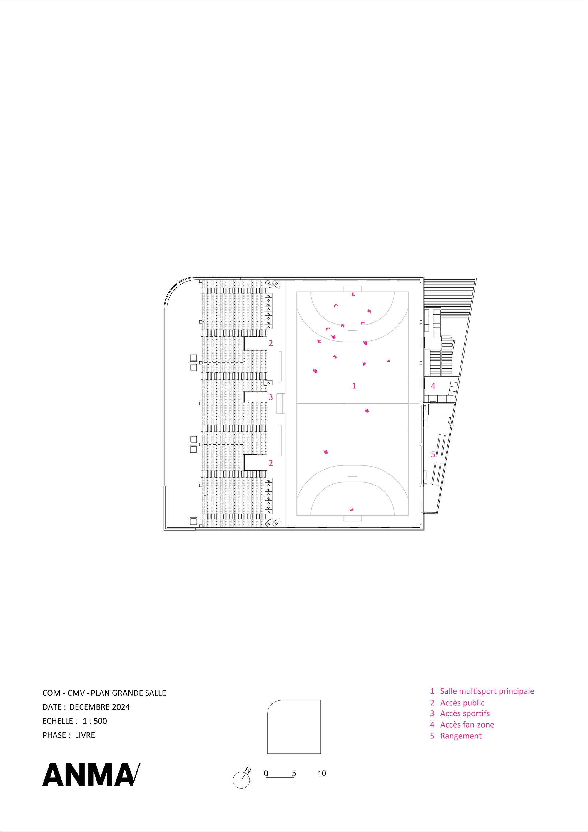 Floor plan drawing showing tiered seating along one side and full basketball court with surrounding support spaces