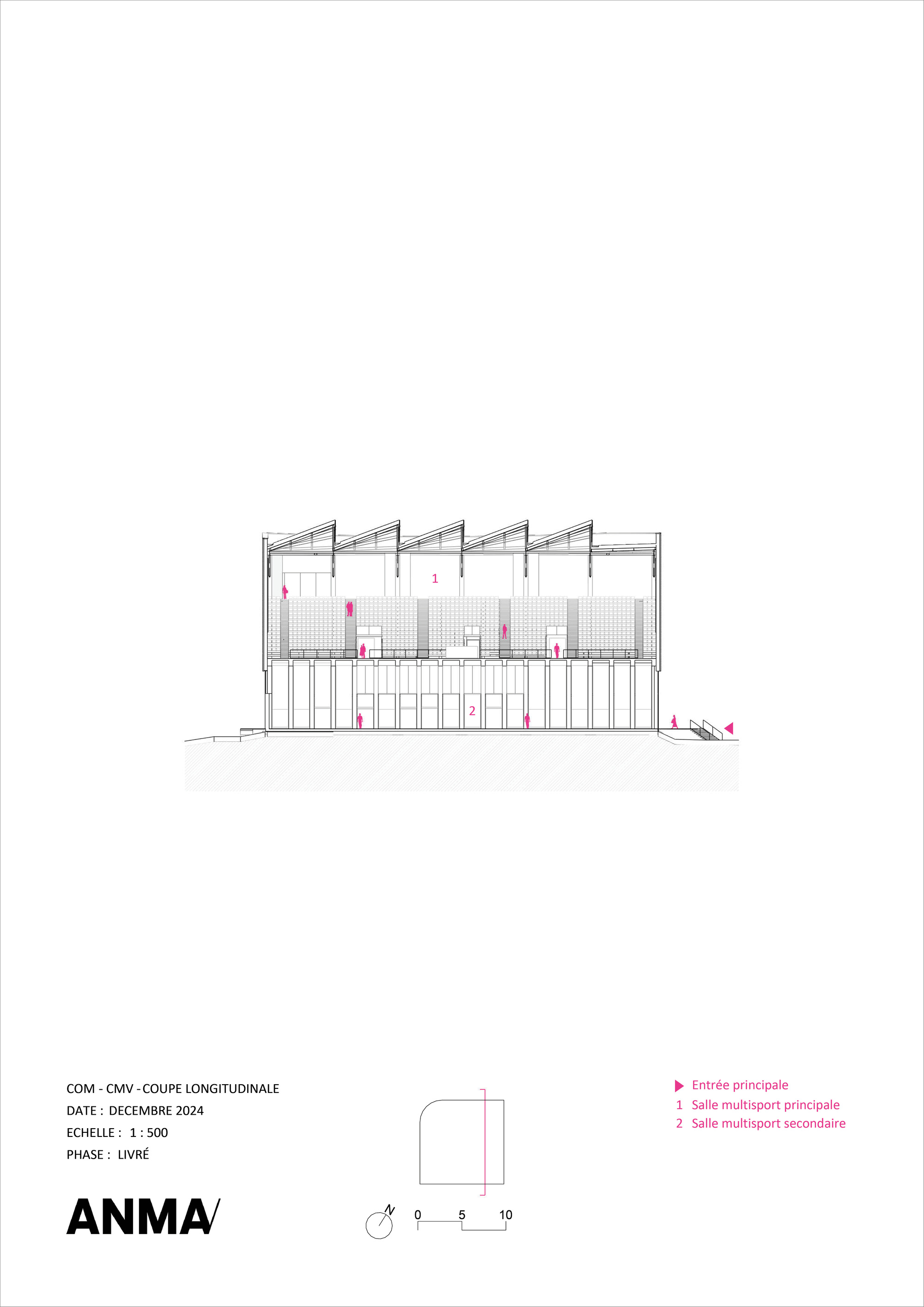 Longitudinal section drawing showing sawtooth roof structure above tiered seating and exposed structural frame
