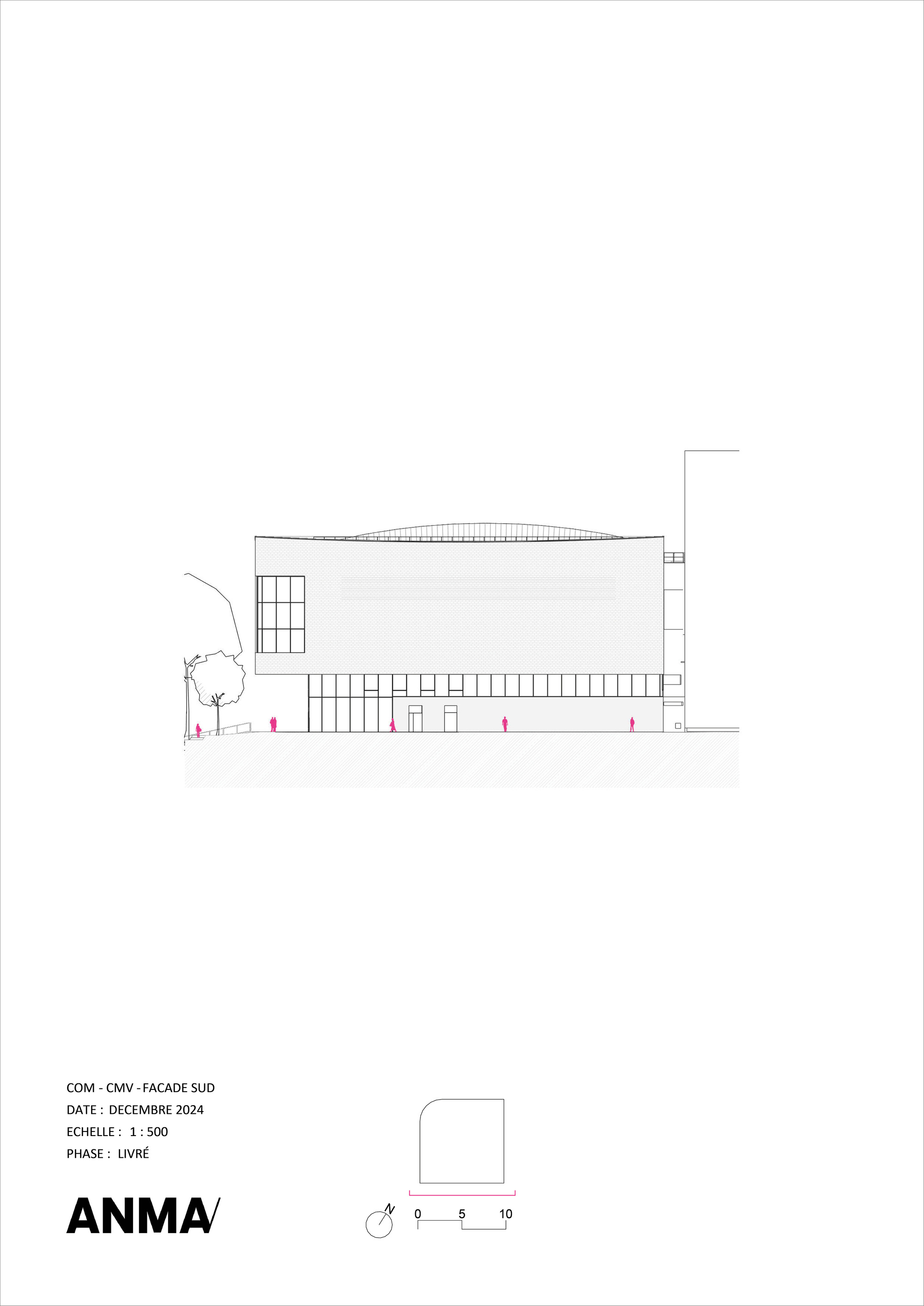 Elevation drawing showing a two-level volume with gridded openings and a vertical tower element