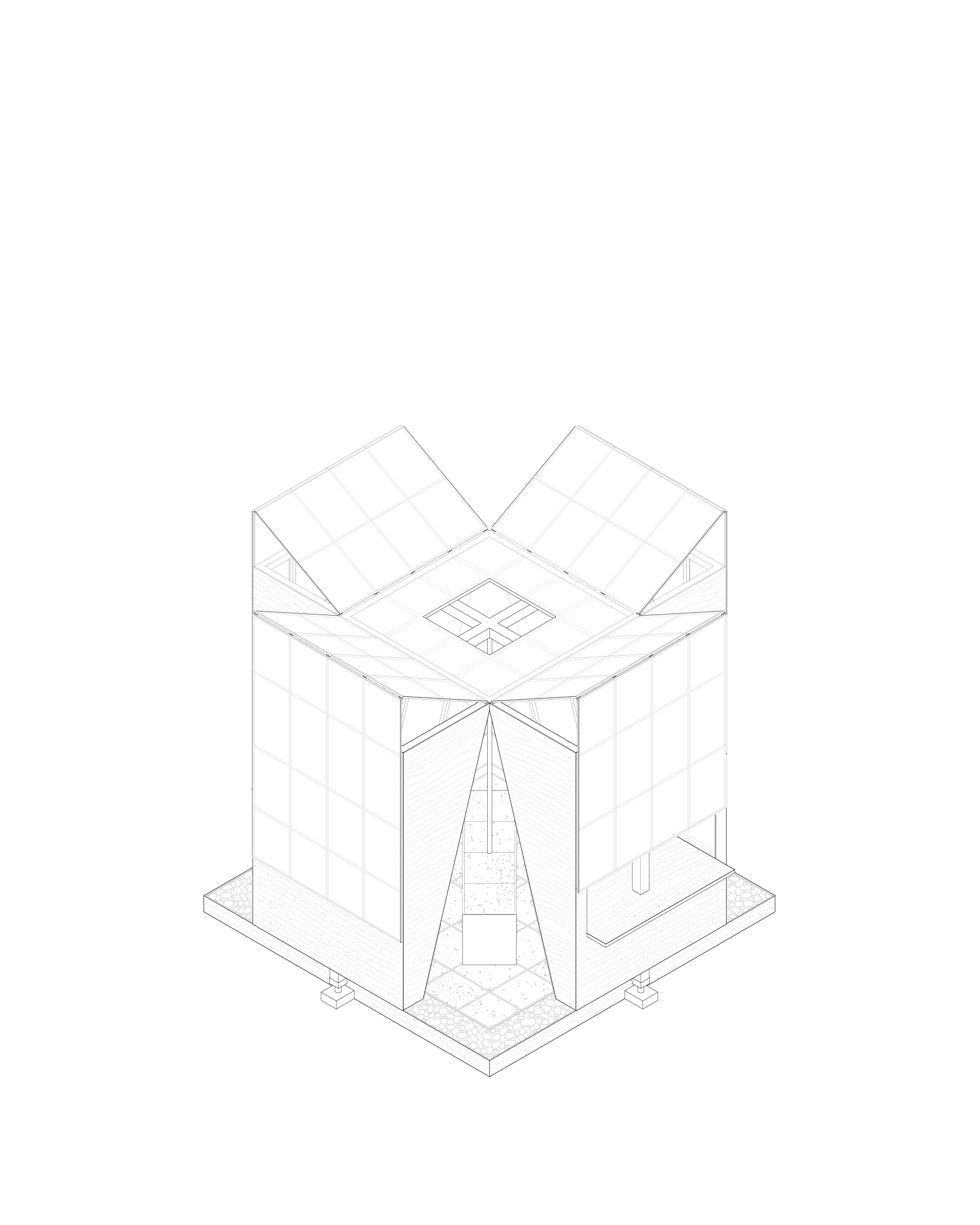 Axonometric drawing showing a square volume with butterfly roof and central skylight above entrance steps