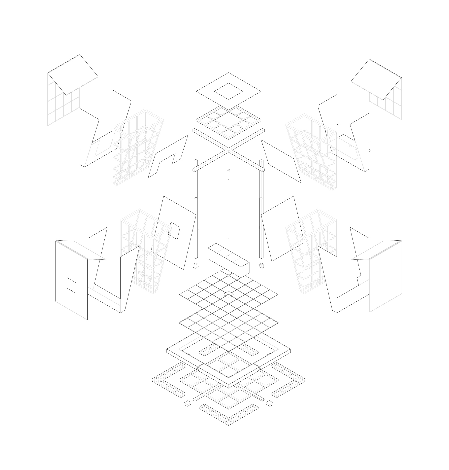 Exploded axonometric drawing revealing layered building components including roof planes, wall panels, and floor grids