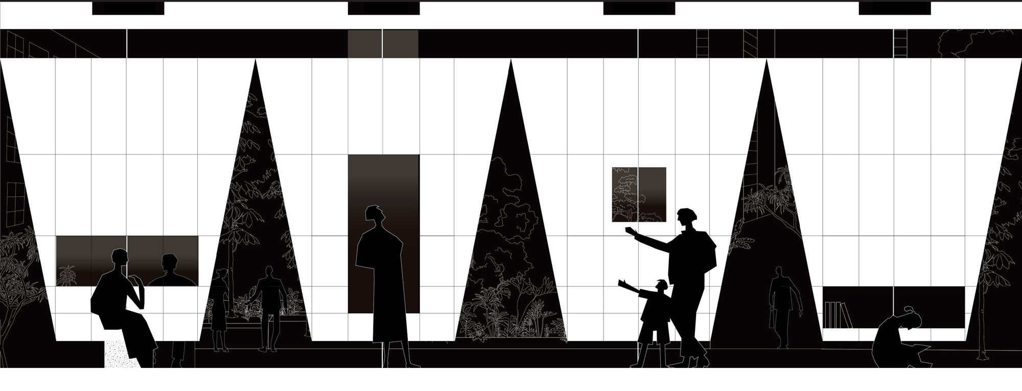 Section drawing depicting interior spaces with tall triangular voids and silhouetted figures at workstations