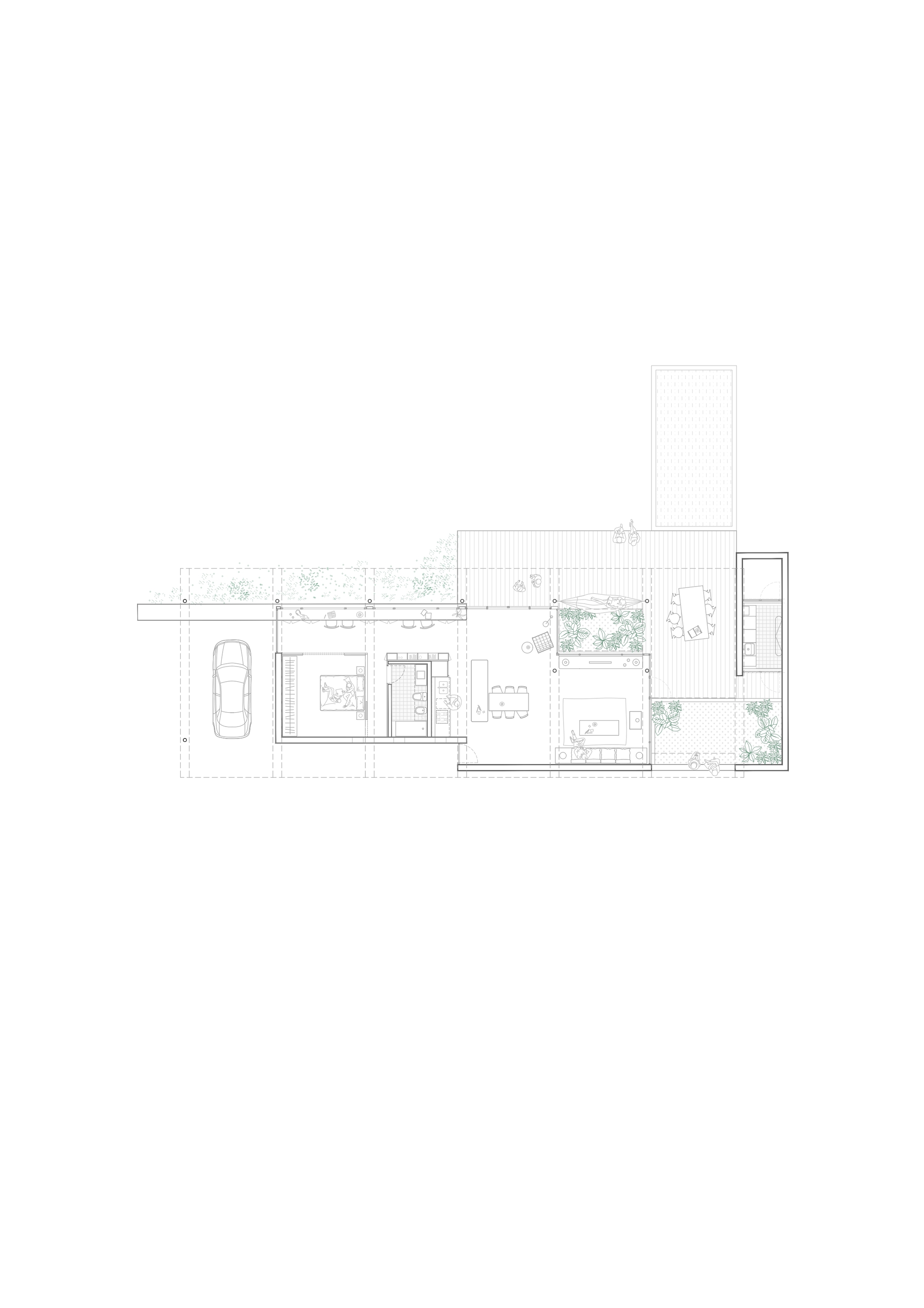 Floor plan drawing showing a linear residence with carport, courtyard gardens and vertical tower
