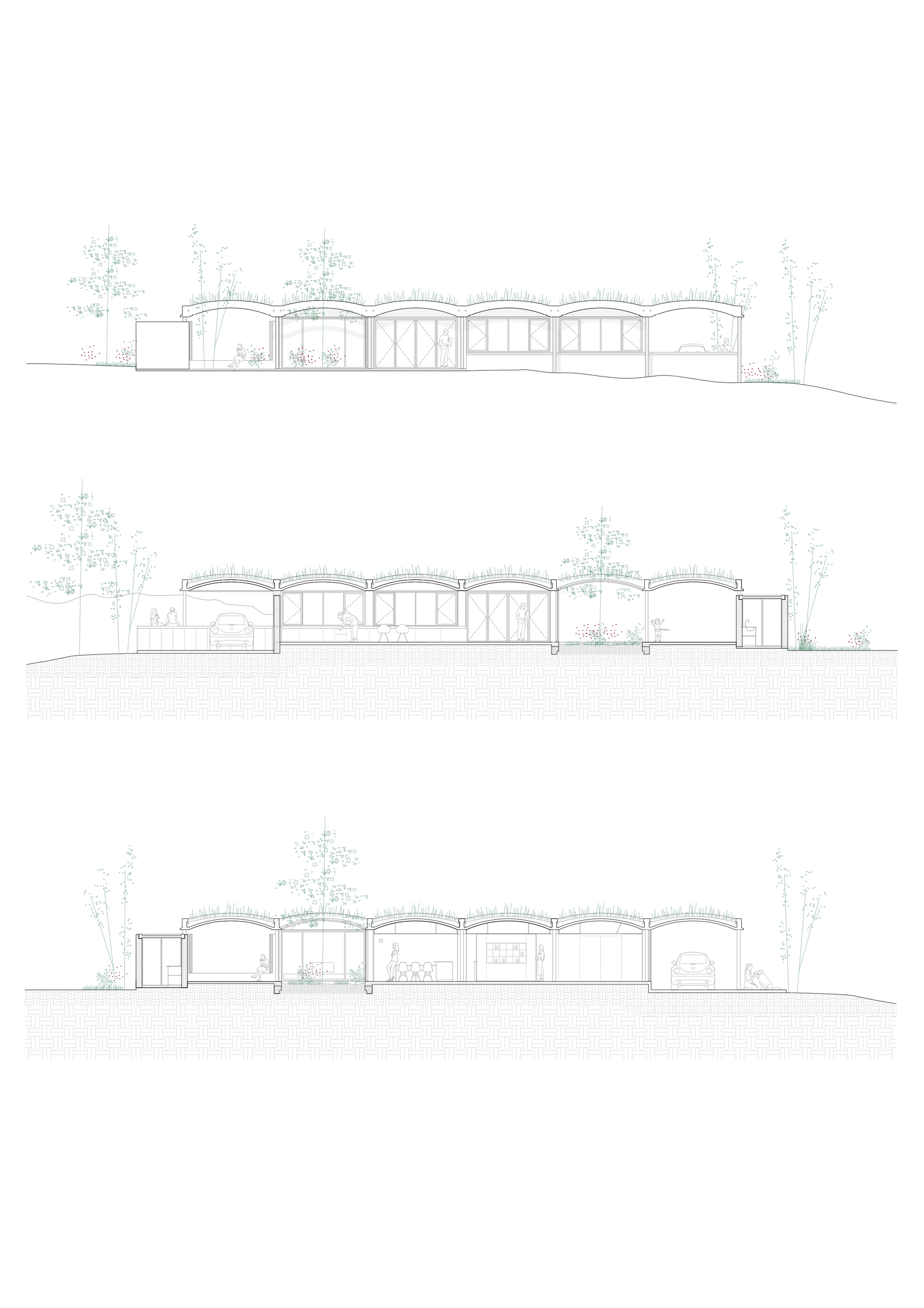 Elevation drawings showing three views of the vaulted roof sequence flanked by trees