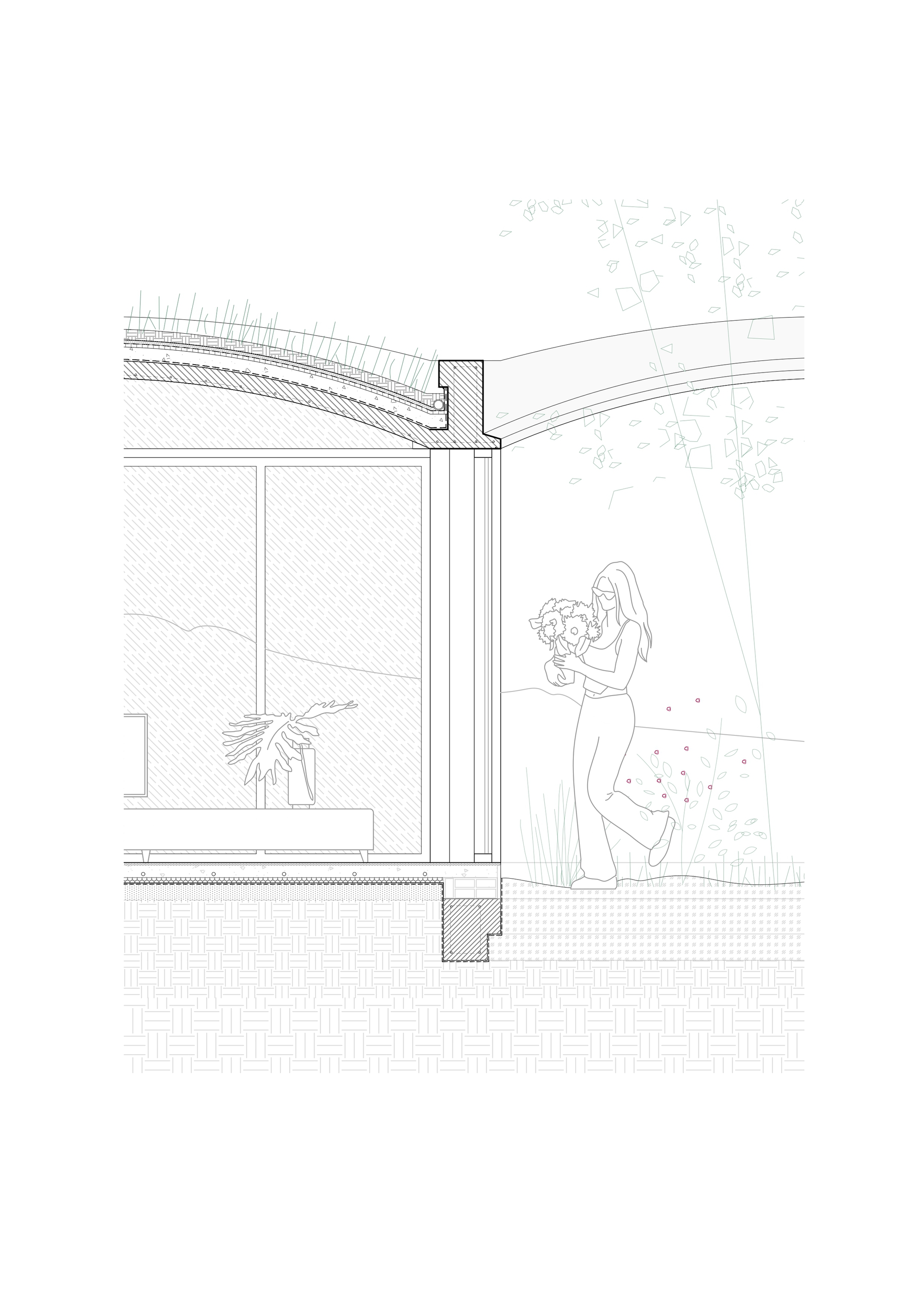 Section detail drawing showing the roof edge meeting glazing with a figure holding flowers