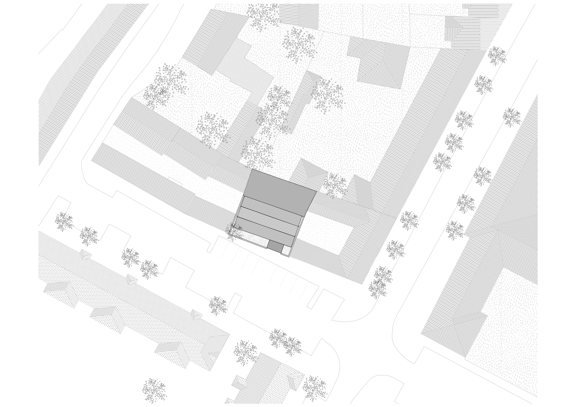 Axonometric site plan showing a building volume among neighboring structures and street trees