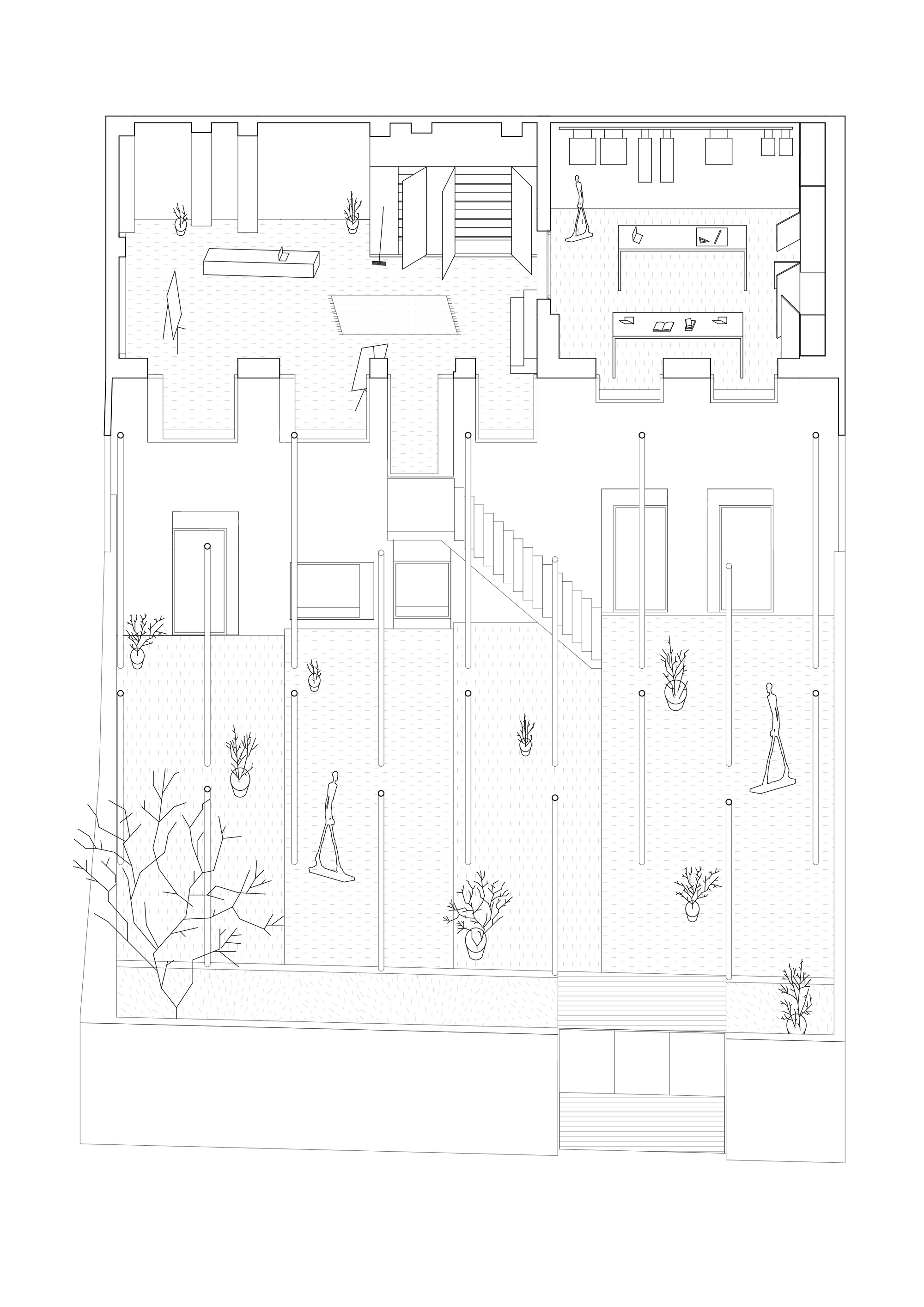 Floor plan drawing with central staircase connecting interior spaces and an exterior courtyard with plantings