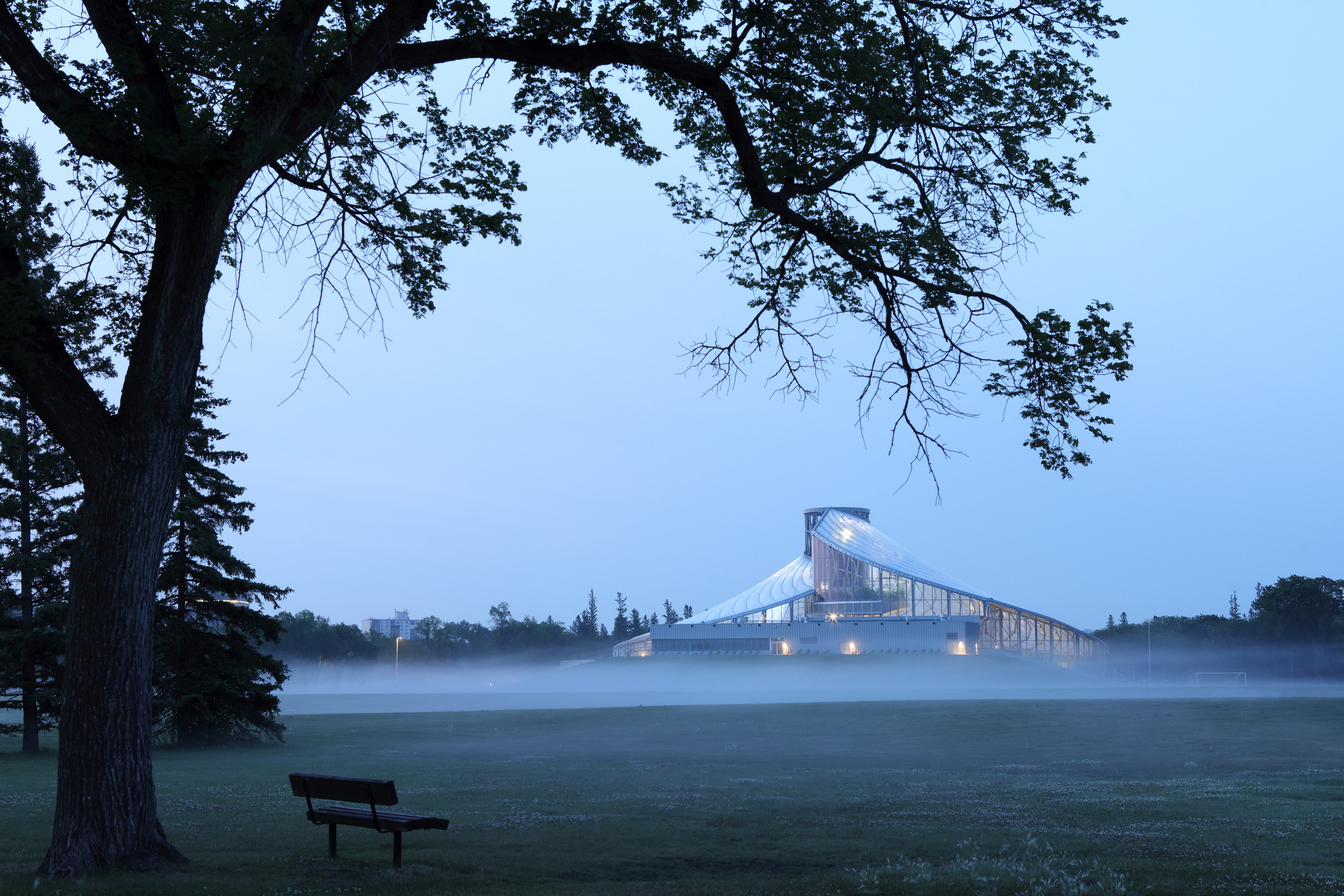 Distant view of the lit conservatory across a misty lawn with a bench and oak tree at dawn