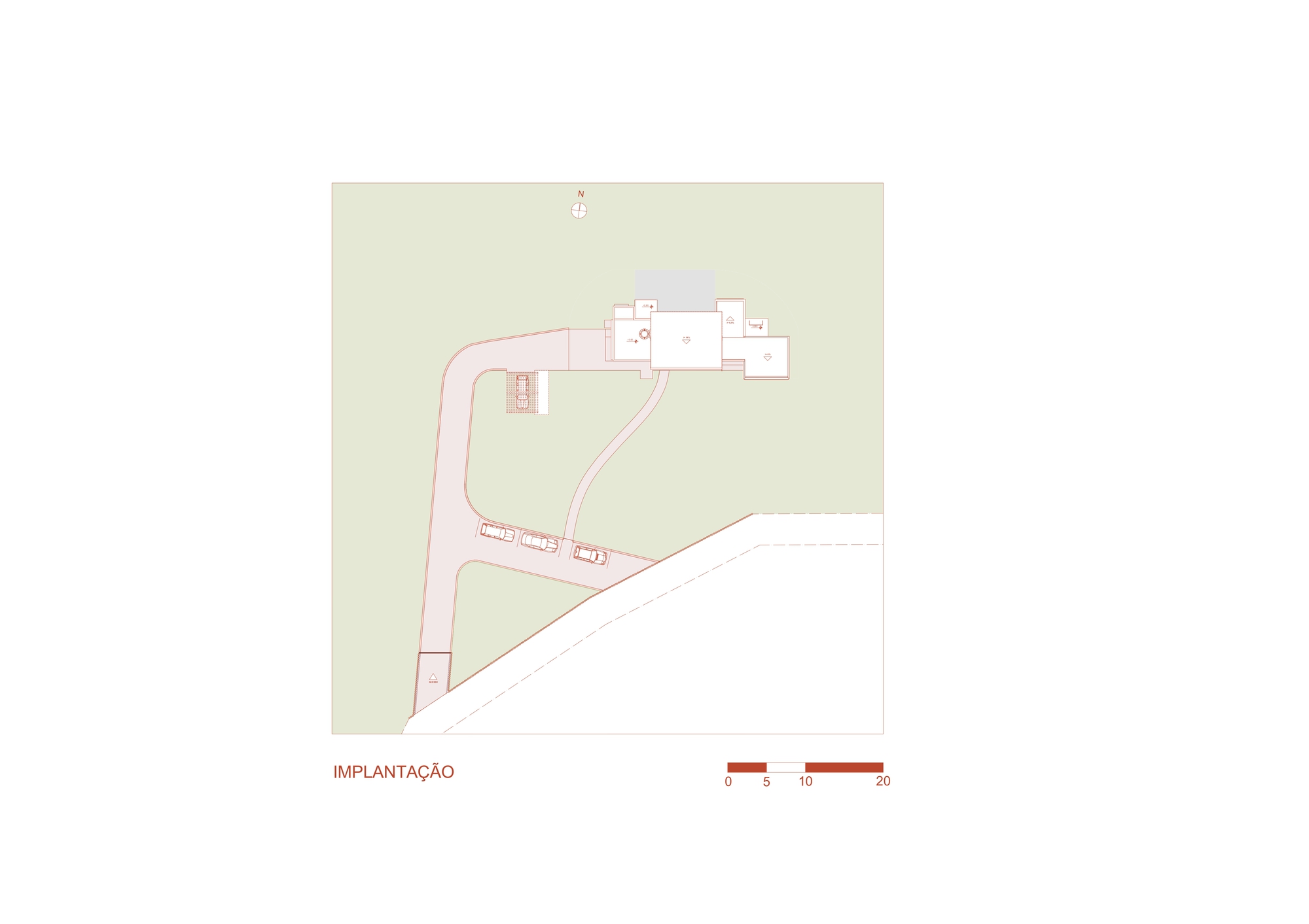 Site plan drawing showing the linear building placement and curving access drive across the sloped property
