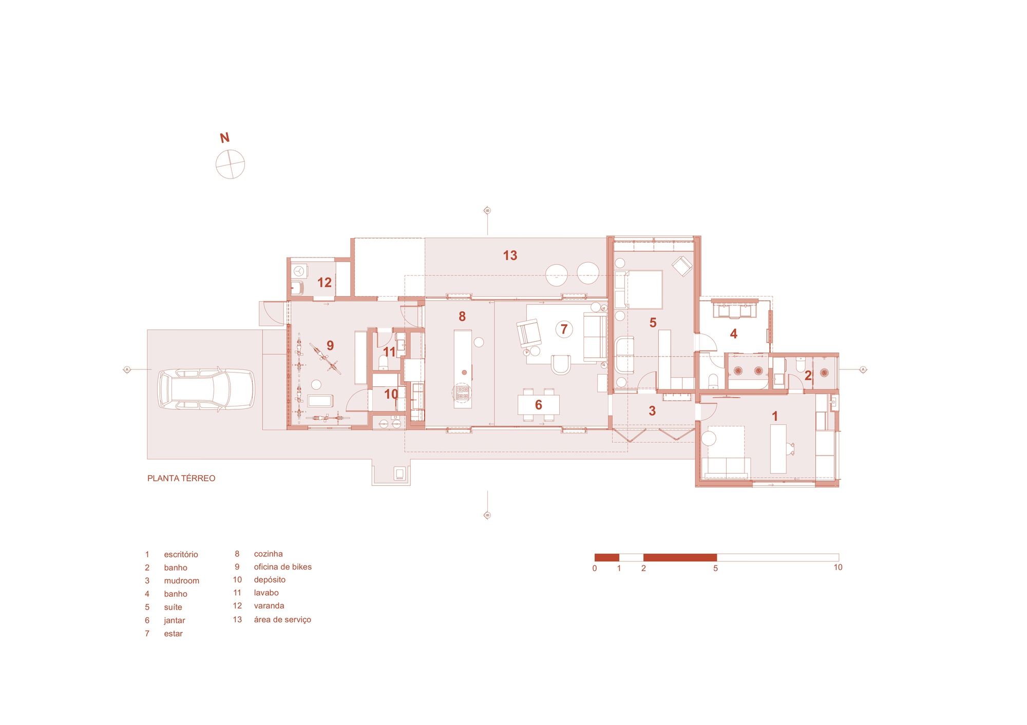 Floor plan drawing illustrating the linear arrangement of rooms extending from the entry to service areas