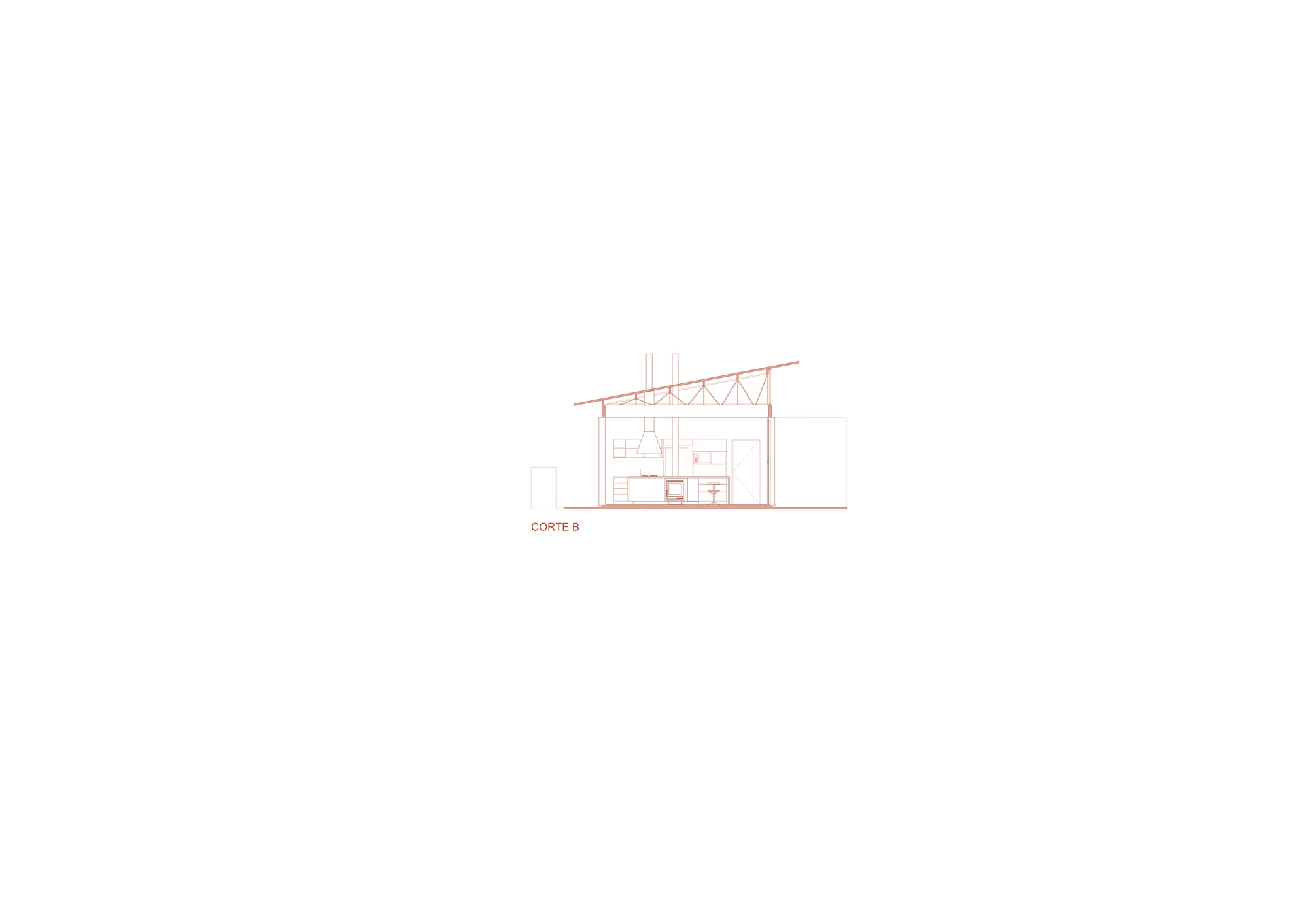 Section drawing showing interior spaces with exposed truss roof structure and vertical chimneys