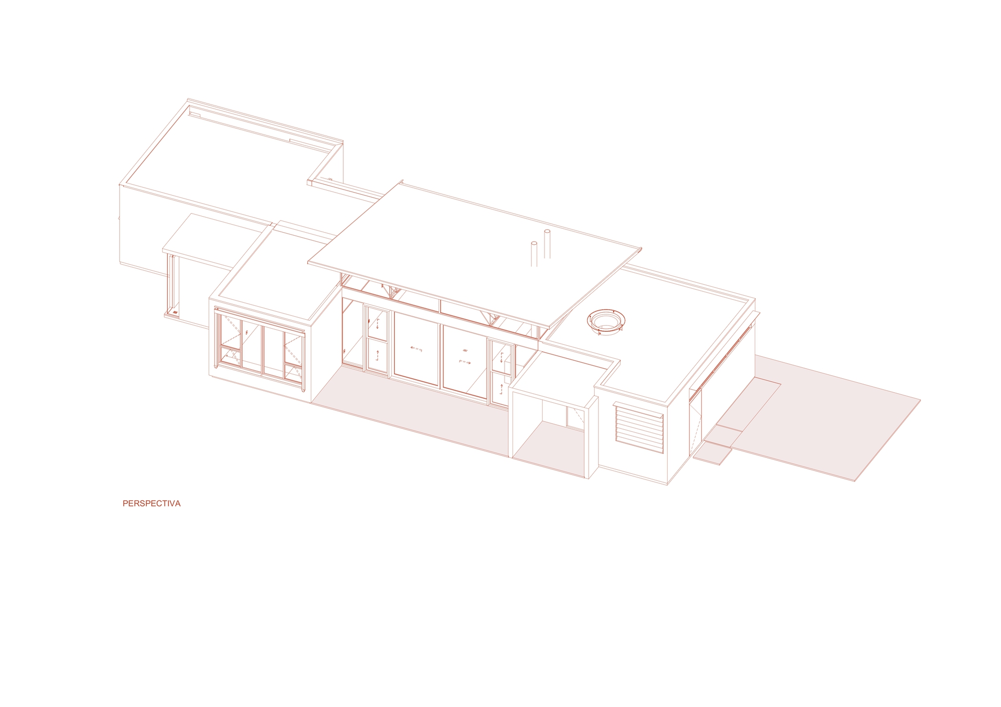 Perspective drawing showing elongated single-story volume with glazed openings and flat roof with patio