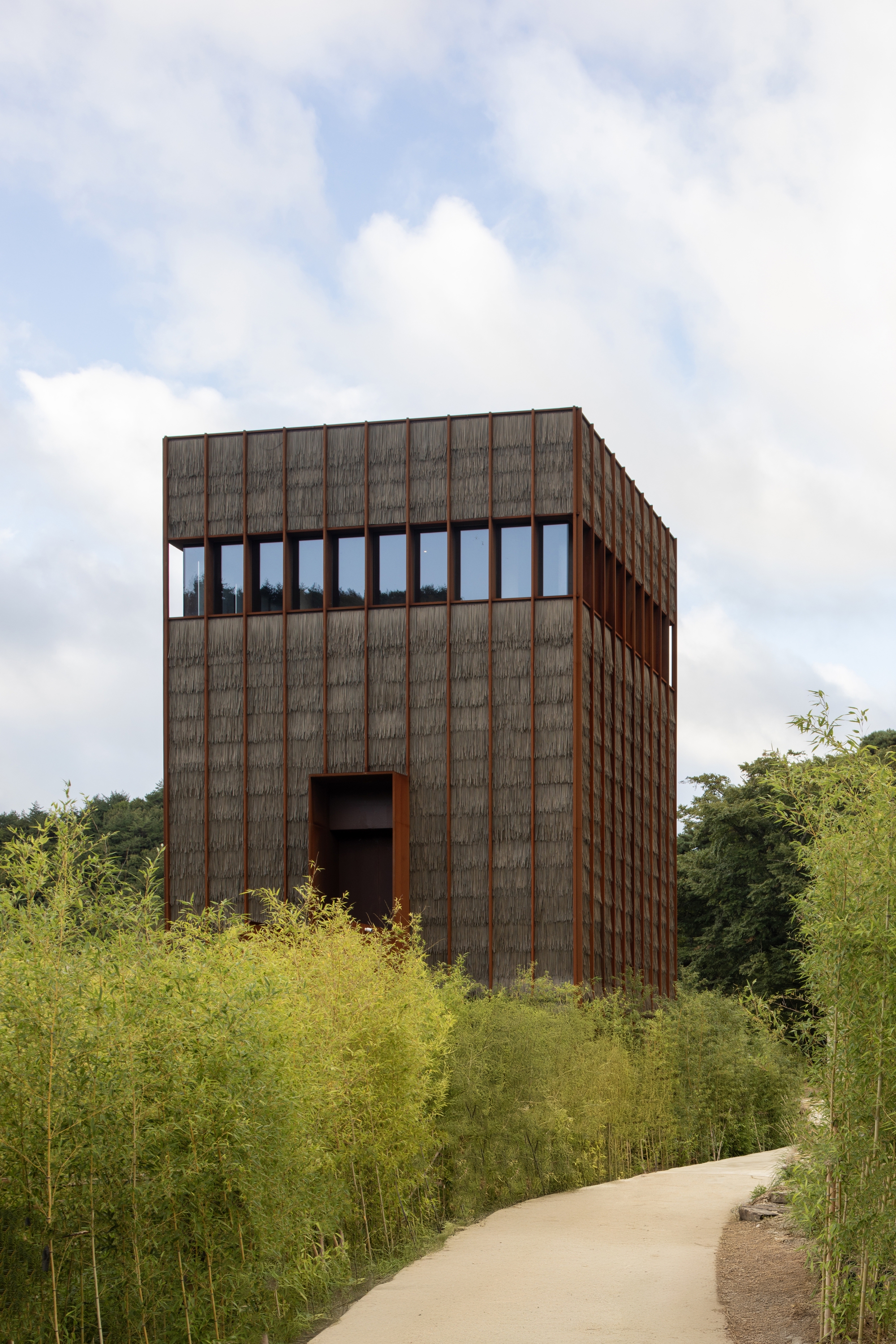 Weathered wood facade with vertical battens and clerestory band of windows surrounded by emerging foliage