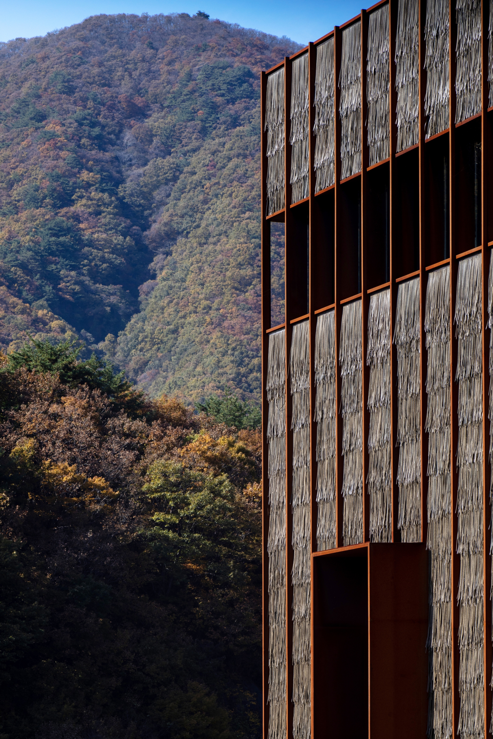 Corner detail of the vertical timber cladding with recessed openings against forested hillside in autumn