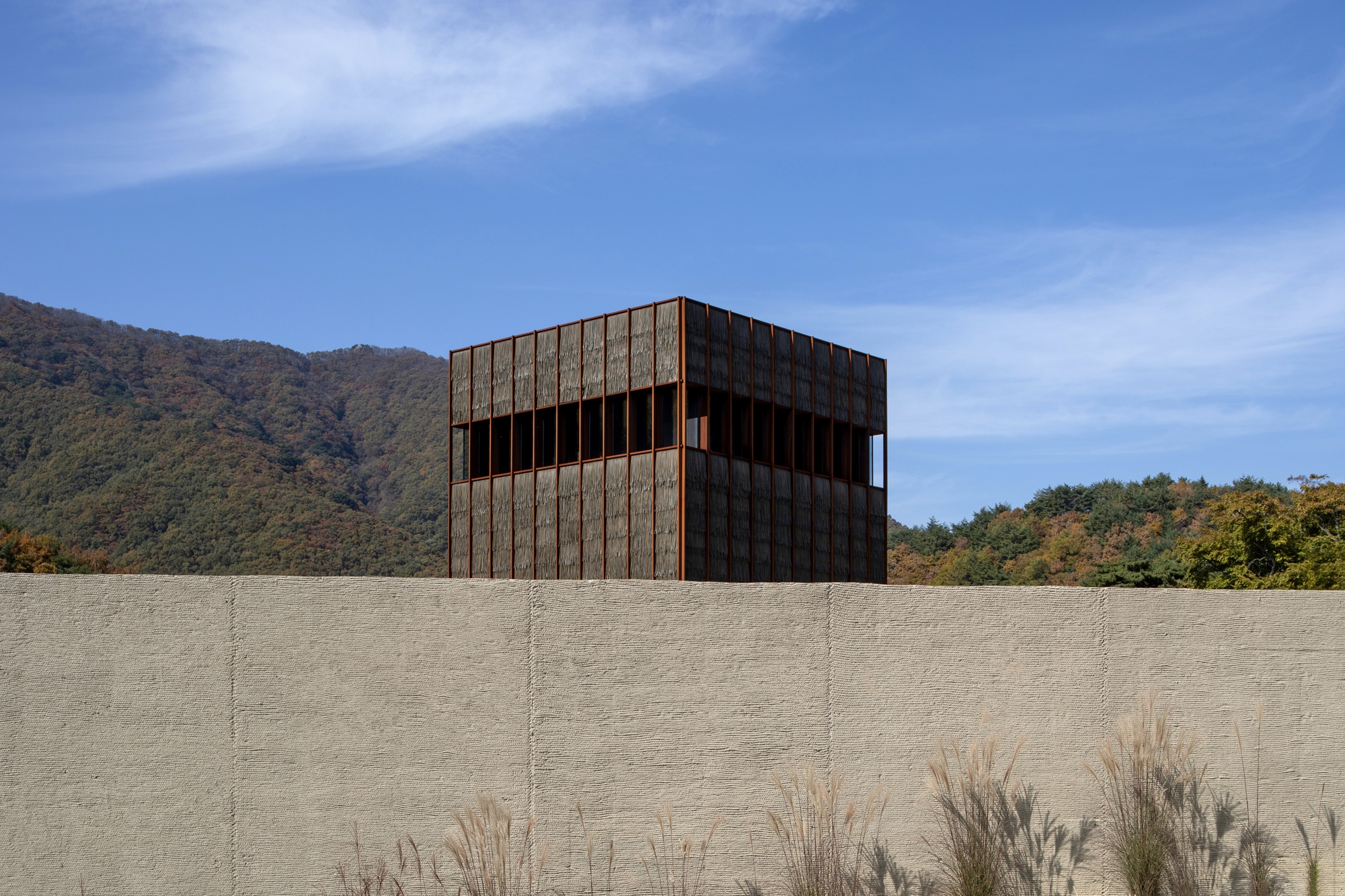 Weathered steel-clad volume above a textured concrete retaining wall with dry grasses in the foreground