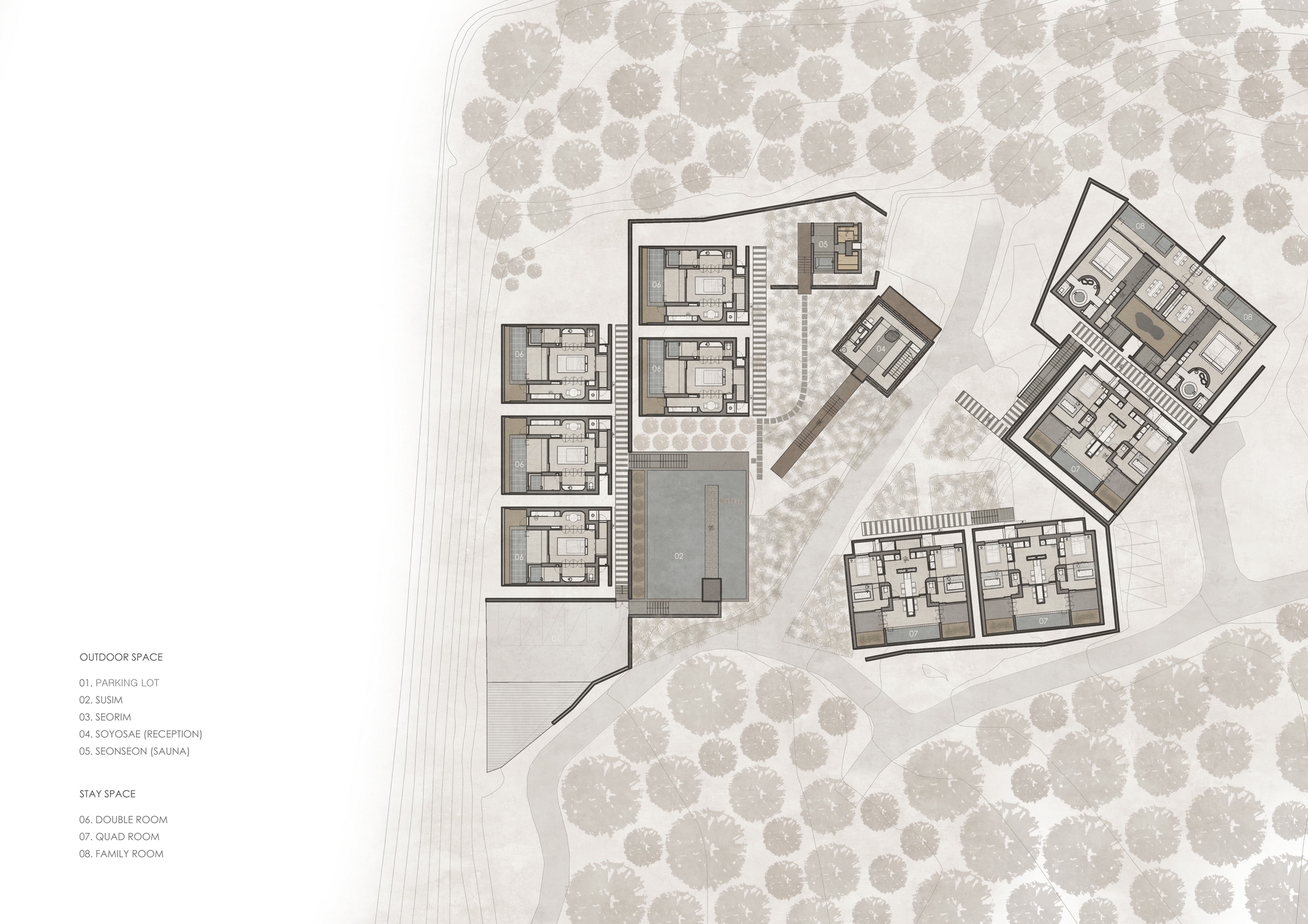 Site plan drawing showing clustered pavilions around a central courtyard with surrounding tree canopy