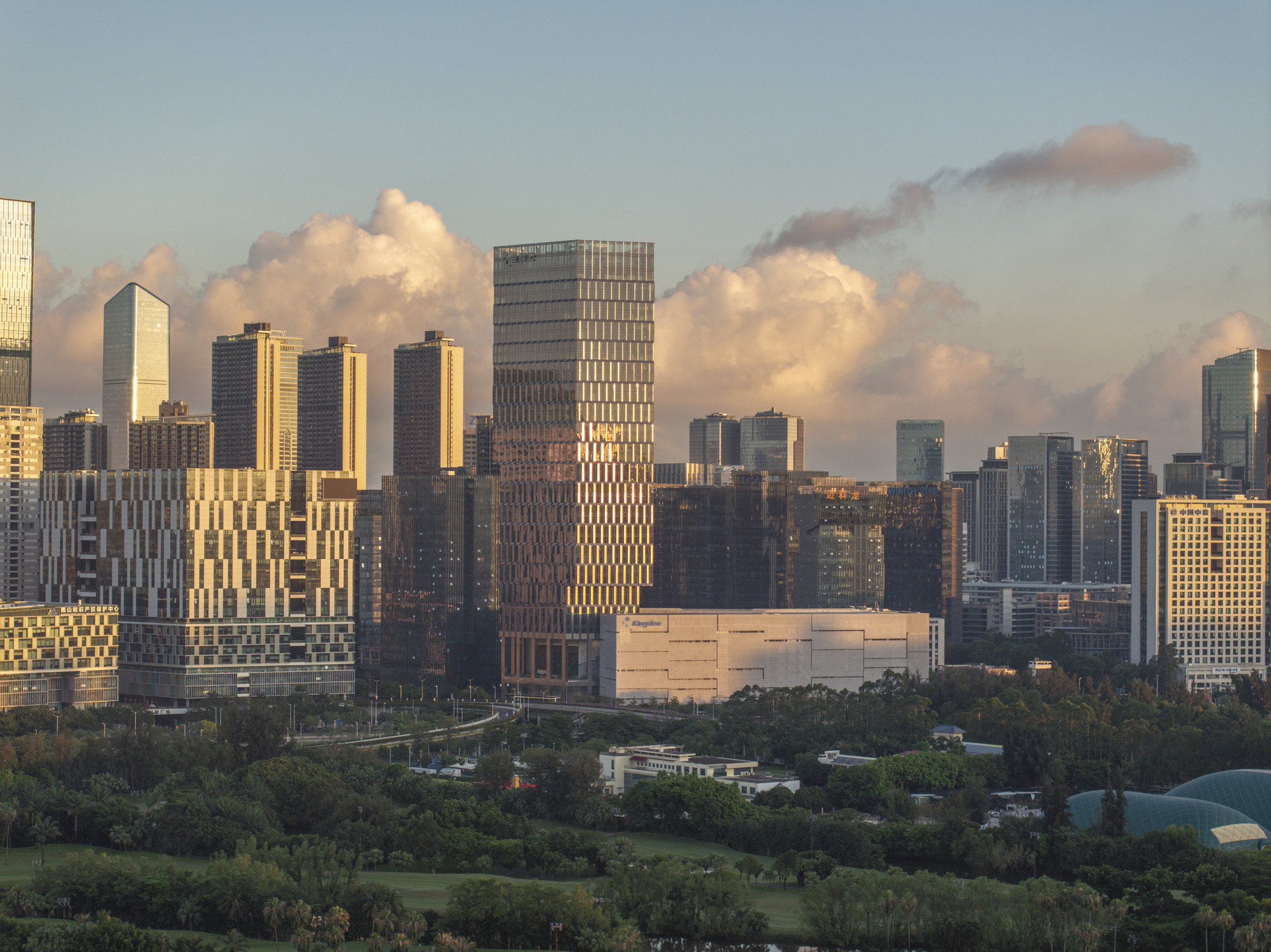 Tall tower with gridded facade rising above park landscape and skyline at golden hour