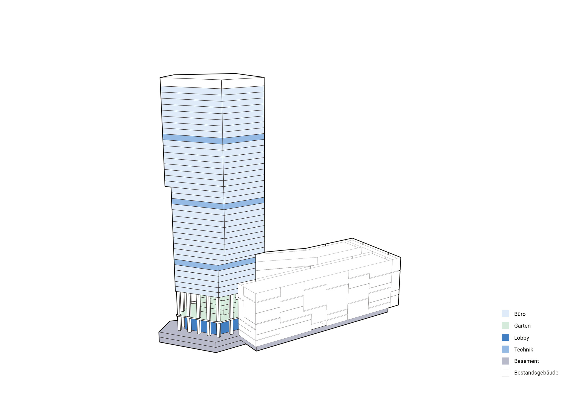 Axonometric drawing of a slender tower with horizontal banding and a glazed ground floor lobby