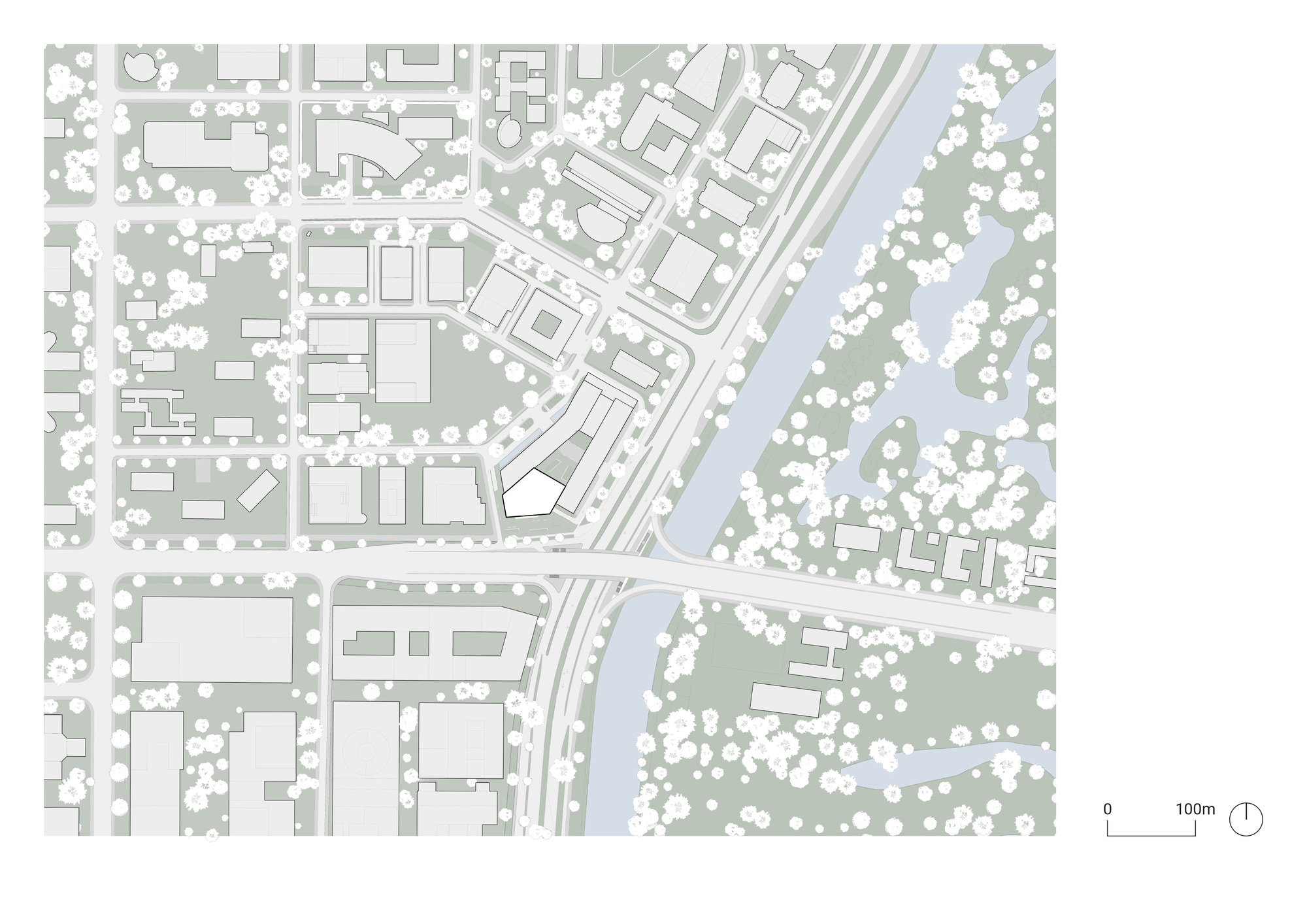 Site plan showing urban blocks with trees adjacent to a waterway and diagonal roadway