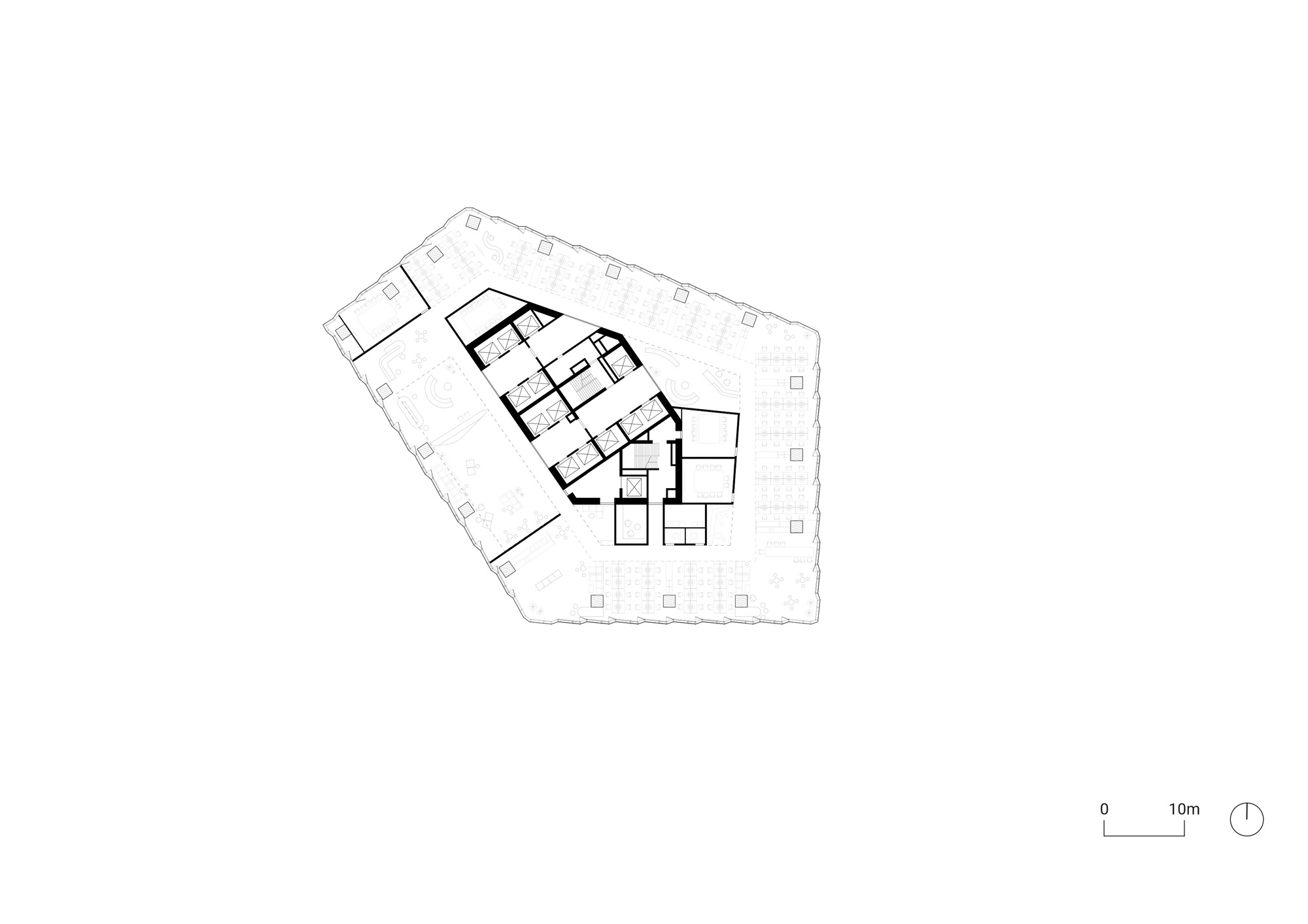 Upper floor plan with angled core cluster and perimeter columns defining open workspace