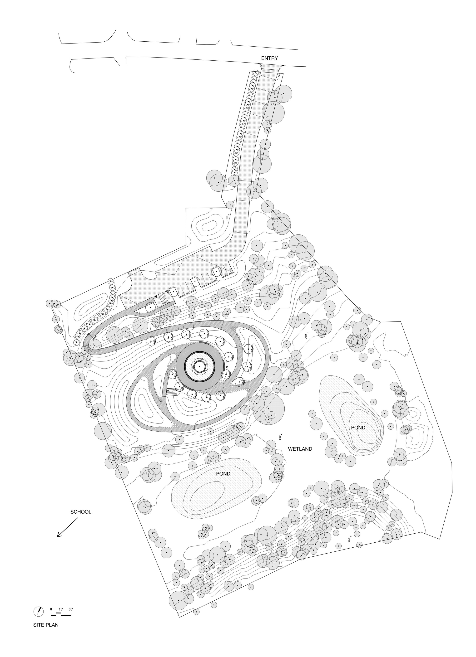 Site plan drawing showing a central circular structure surrounded by wetland, pond and contoured landscape paths